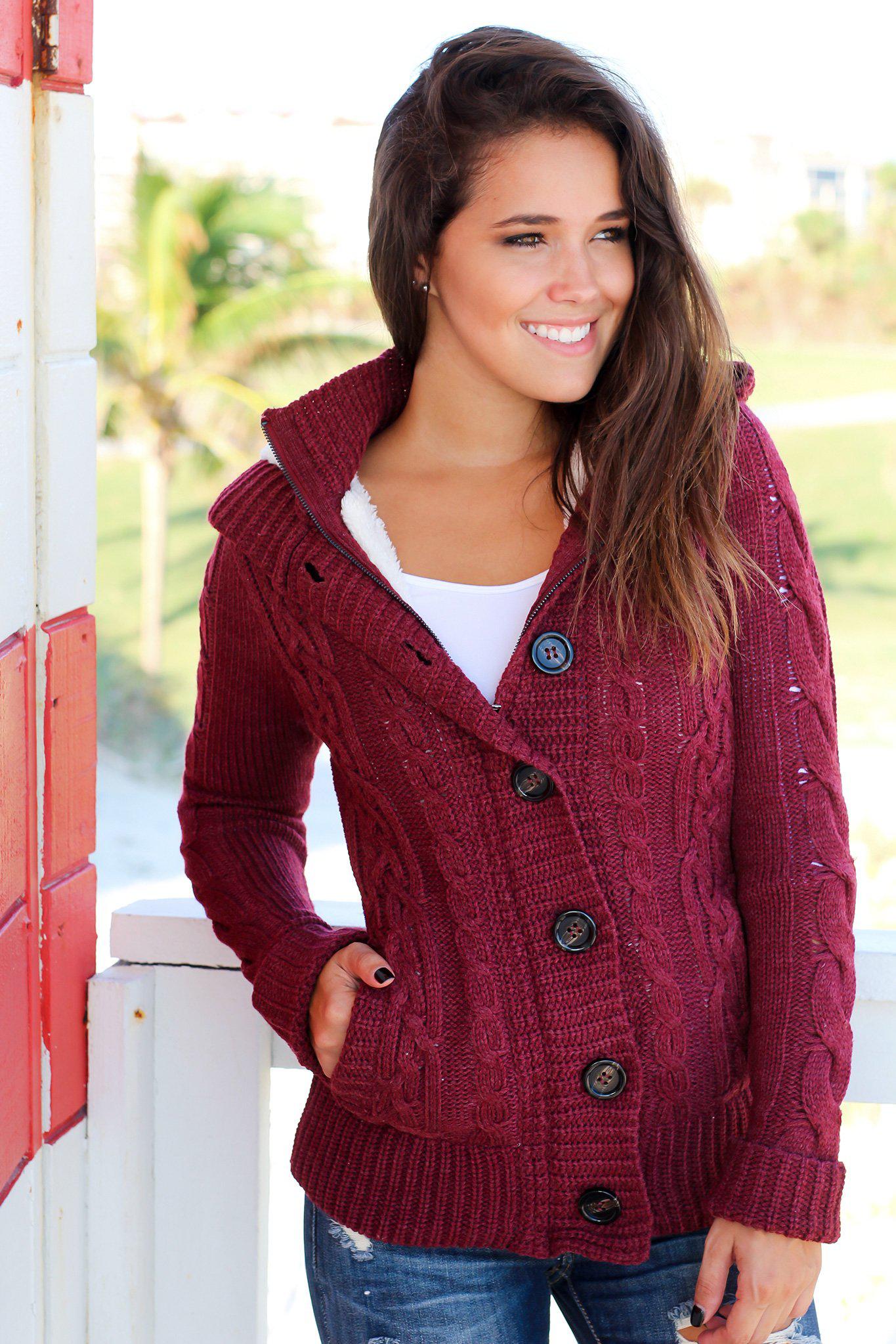 Stylish Burgundy Knitted Sweater Featuring a Faux Fur Hood for Fall and Winter
