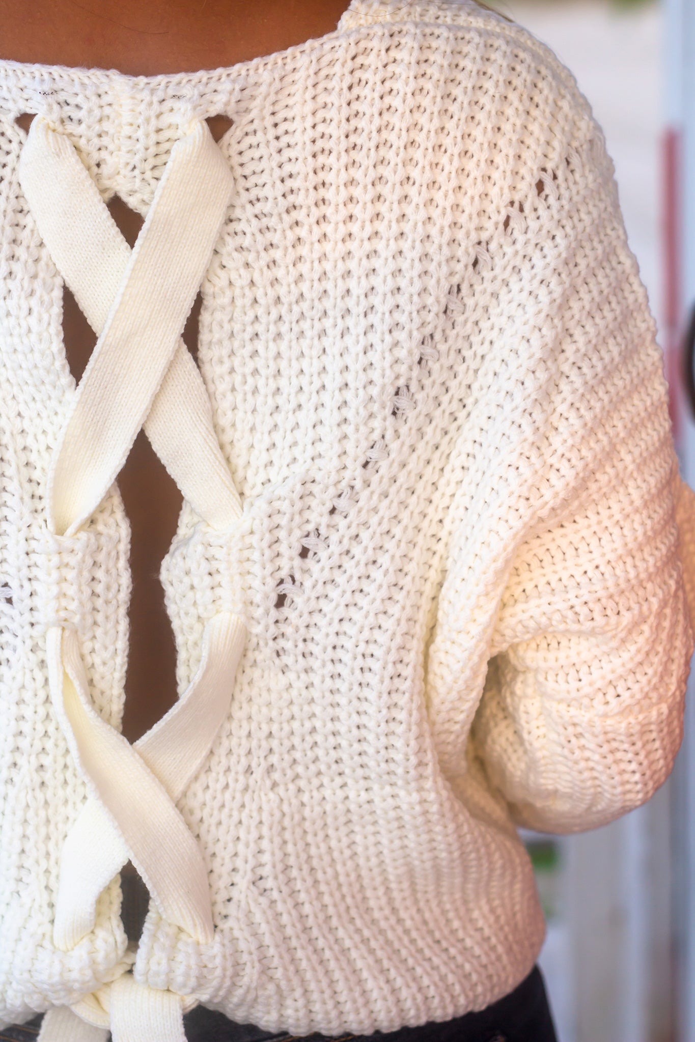 Chic Ivory Acrylic Knit Sweater with Back Tie - Ideal for Fall and Winter