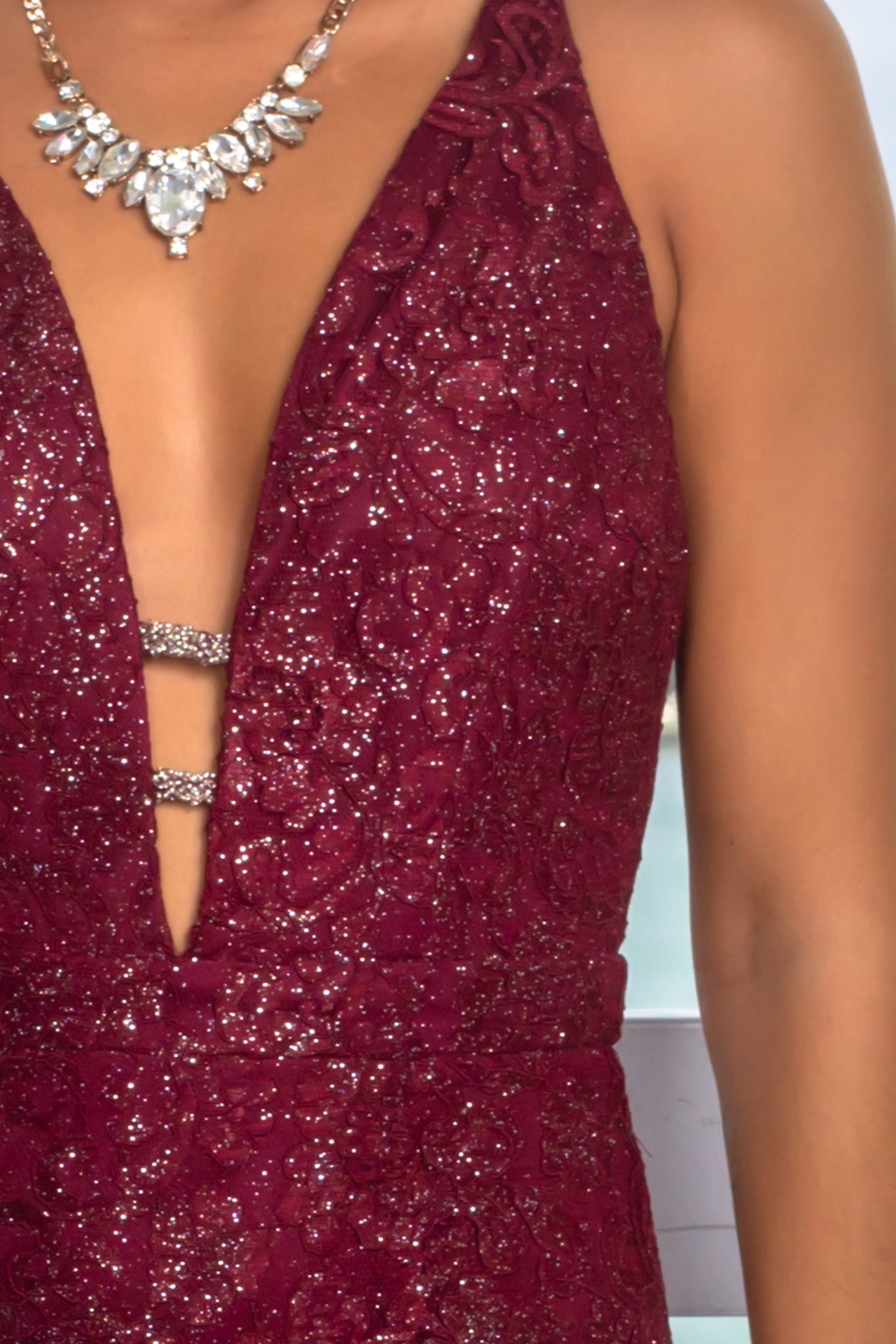 Stunning Burgundy Lace Maxi Dress with Sparkling Shimmer Details