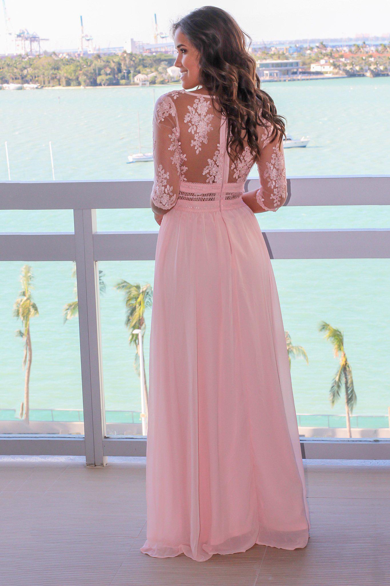 Gorgeous Blush-Colored V-Neck Long Maxi Dress with Intricately Embroidered Mesh Sleeves
