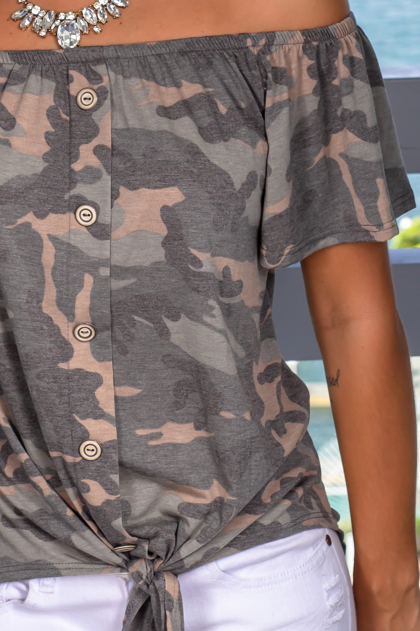 Stylish Camouflage Off - Shoulder Front - Tied Top