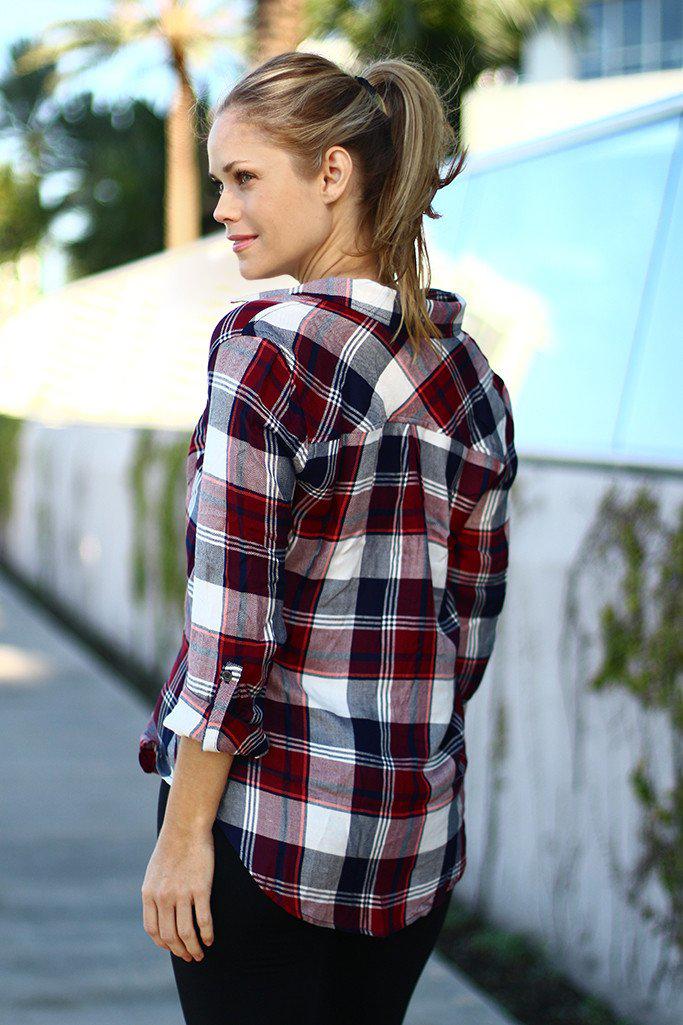 Stylish Burgundy and Multi - Color Plaid Long - Sleeve Top
