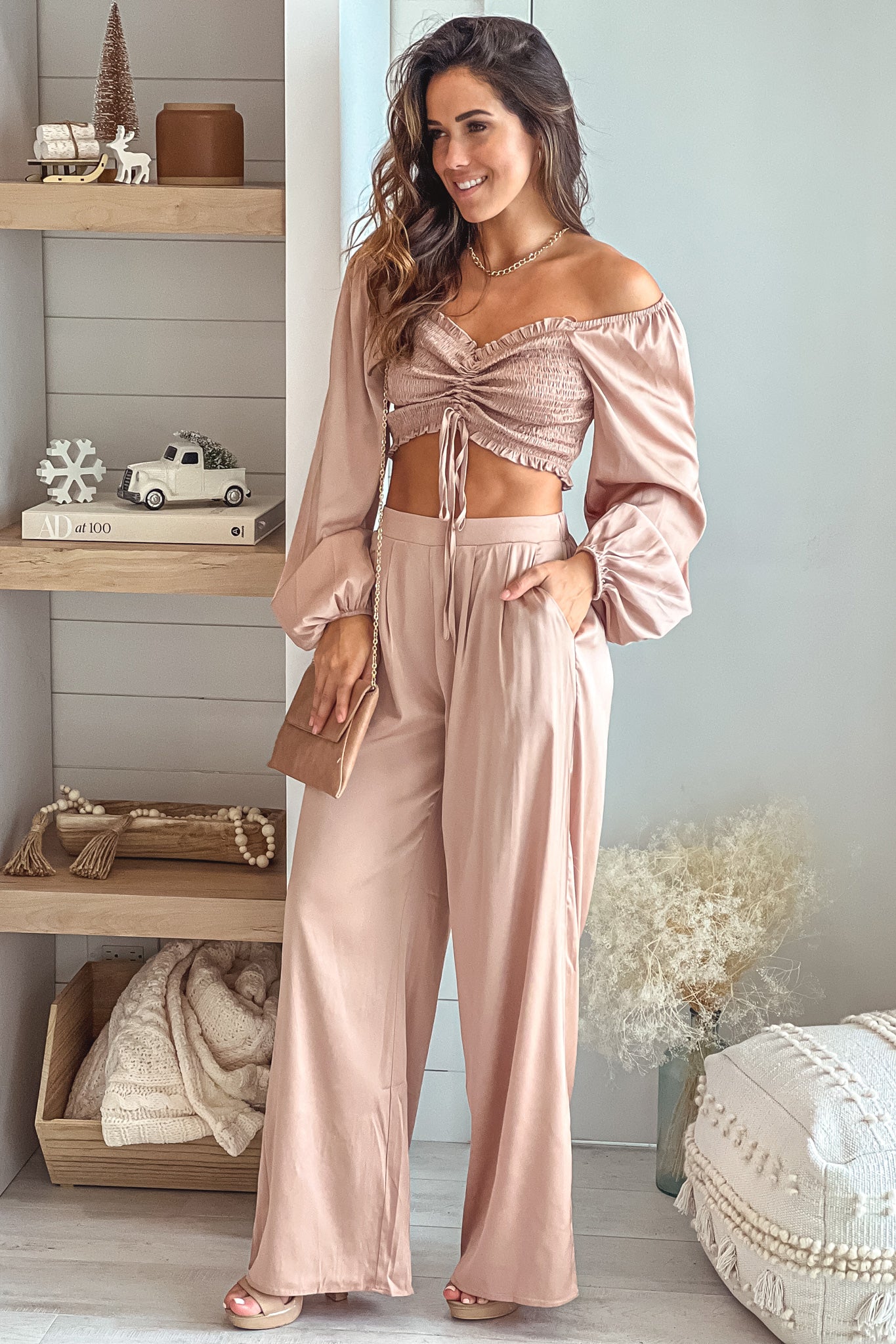 Stylish Champagne Satin Smocked Crop Top and Wide-Leg Pants Fashion Set