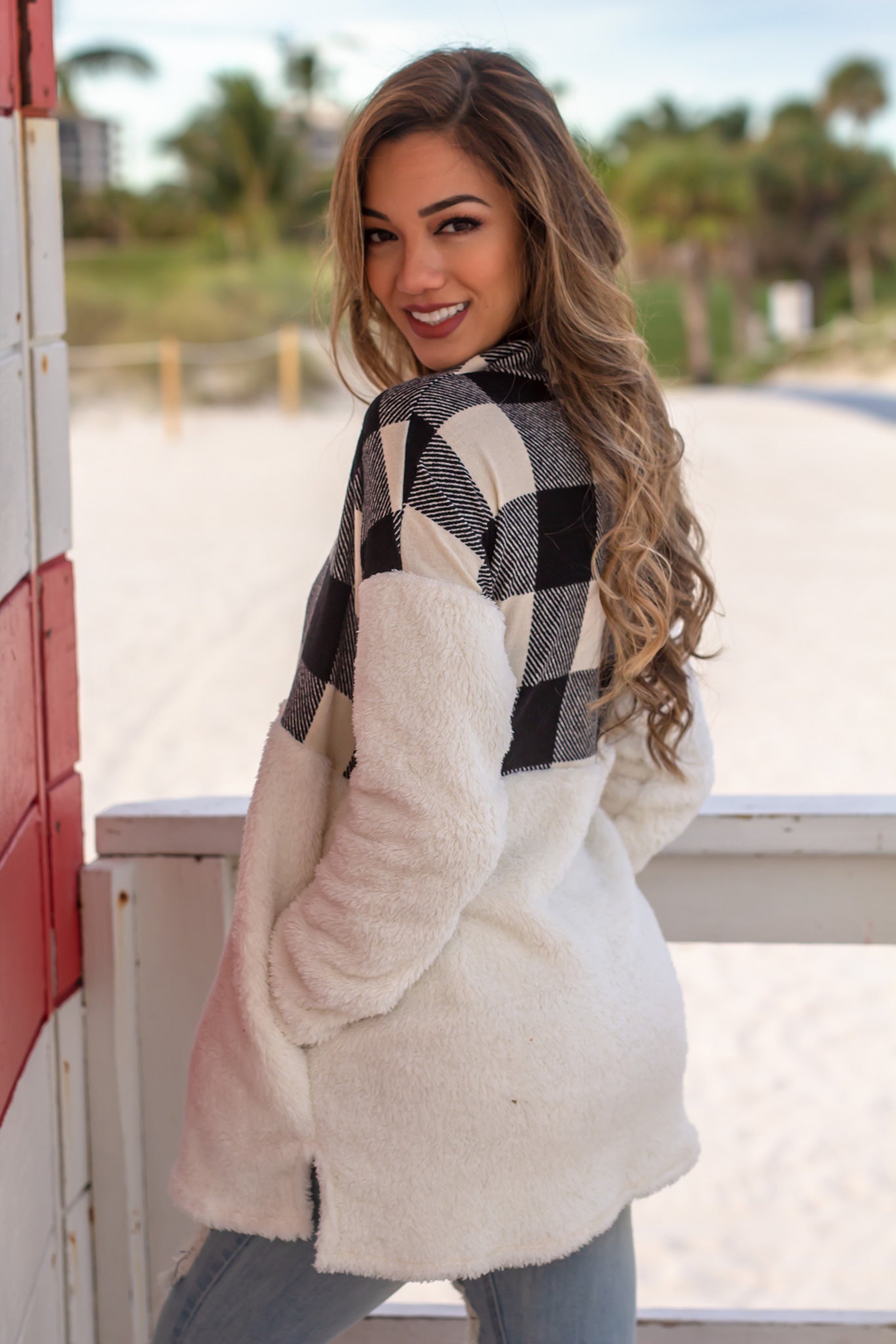 Ivory and Black Fuzzy Polyester Pullover Hoodie Sweatshirt with Plaid Design Detail