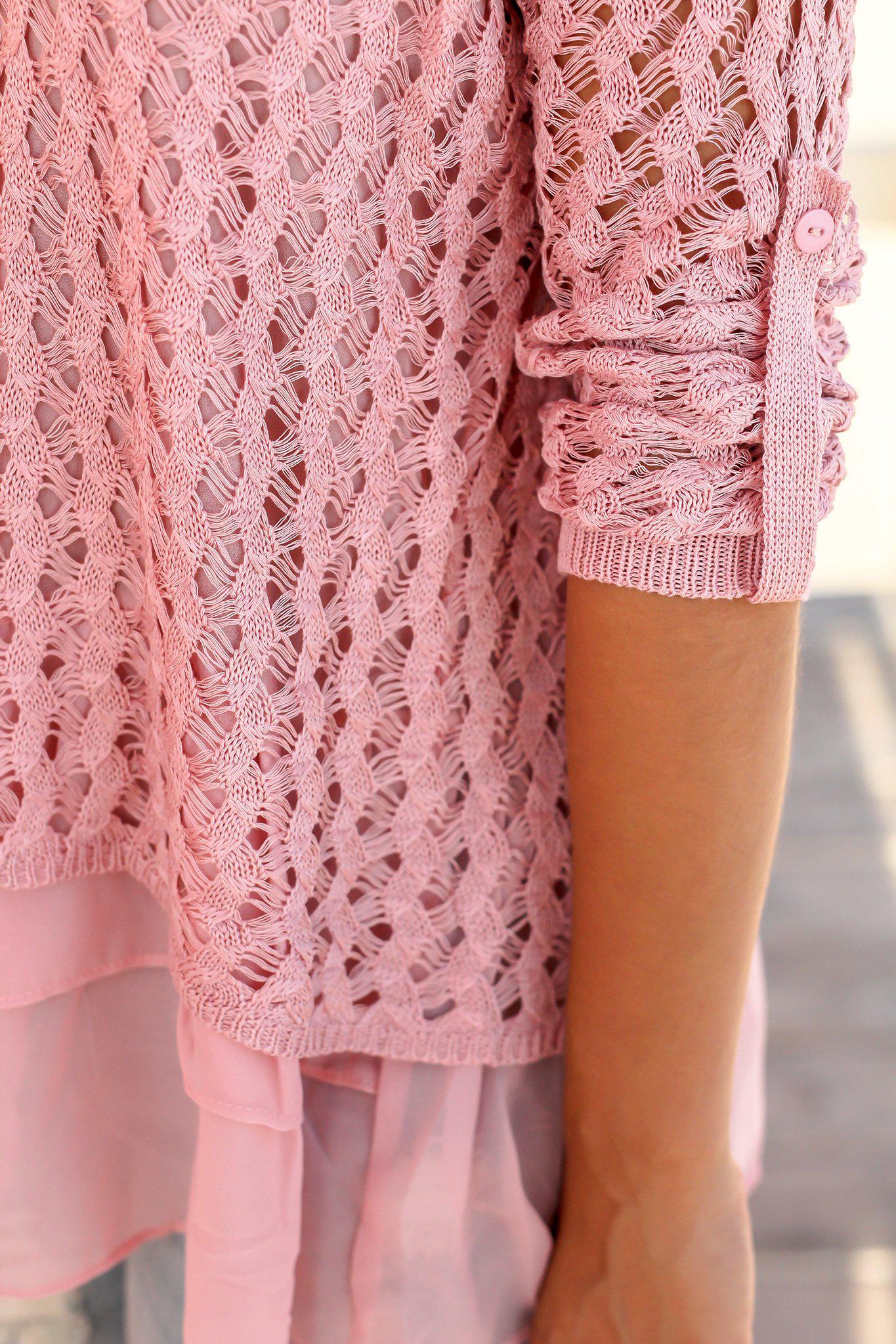 Charming Mauve Crochet Sweater with Adorable Ruffled Hem