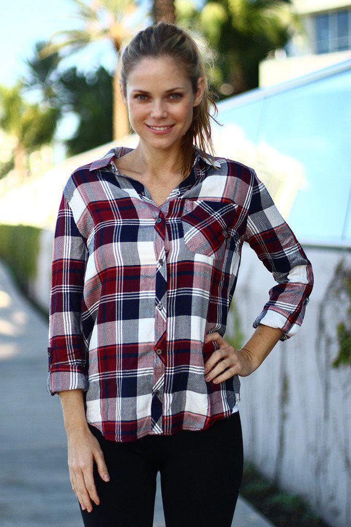 Stylish Burgundy and Multi - Color Plaid Long - Sleeve Top