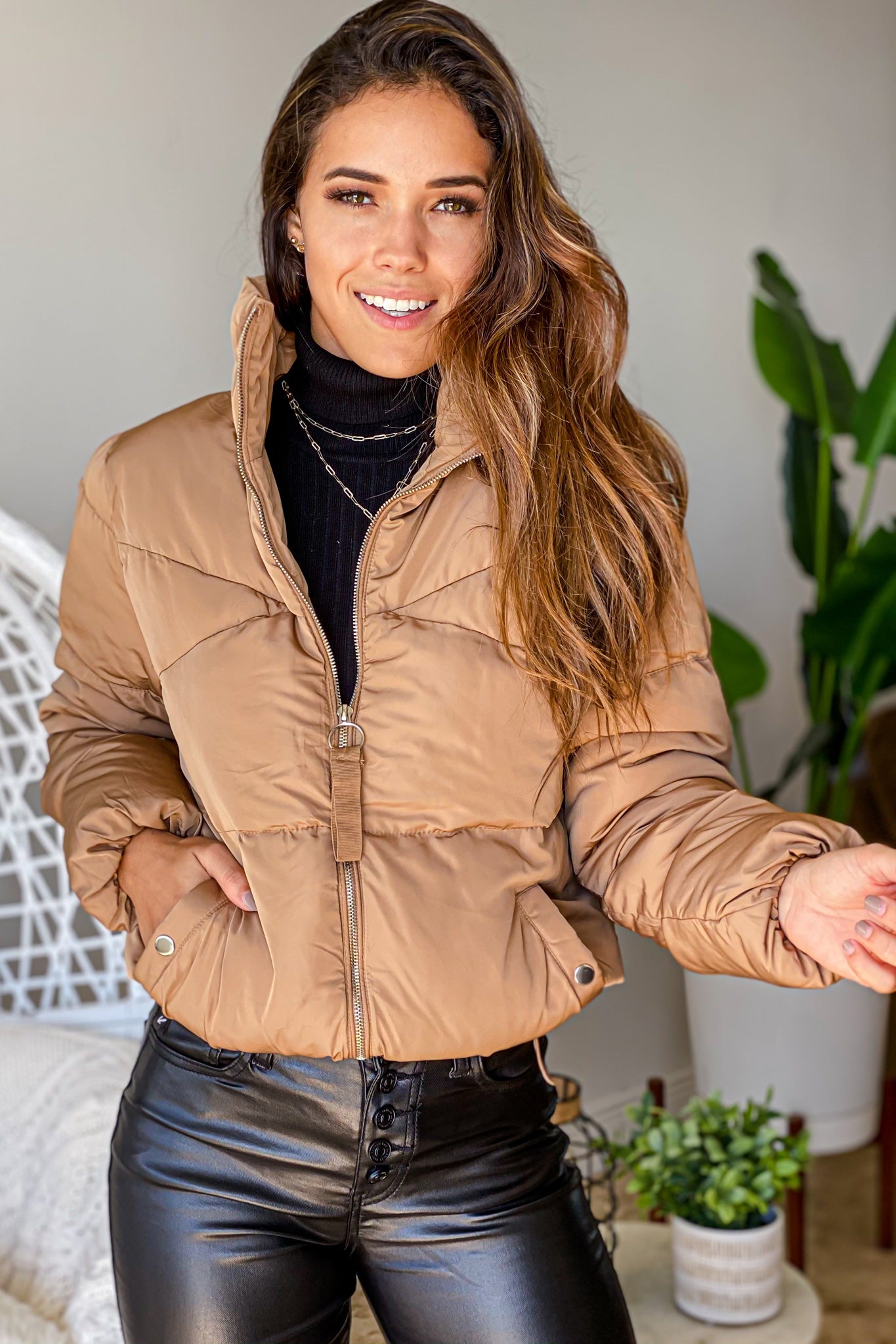 Adorable Camel-Colored Polyester Puffer Jacket for Winter Warmth