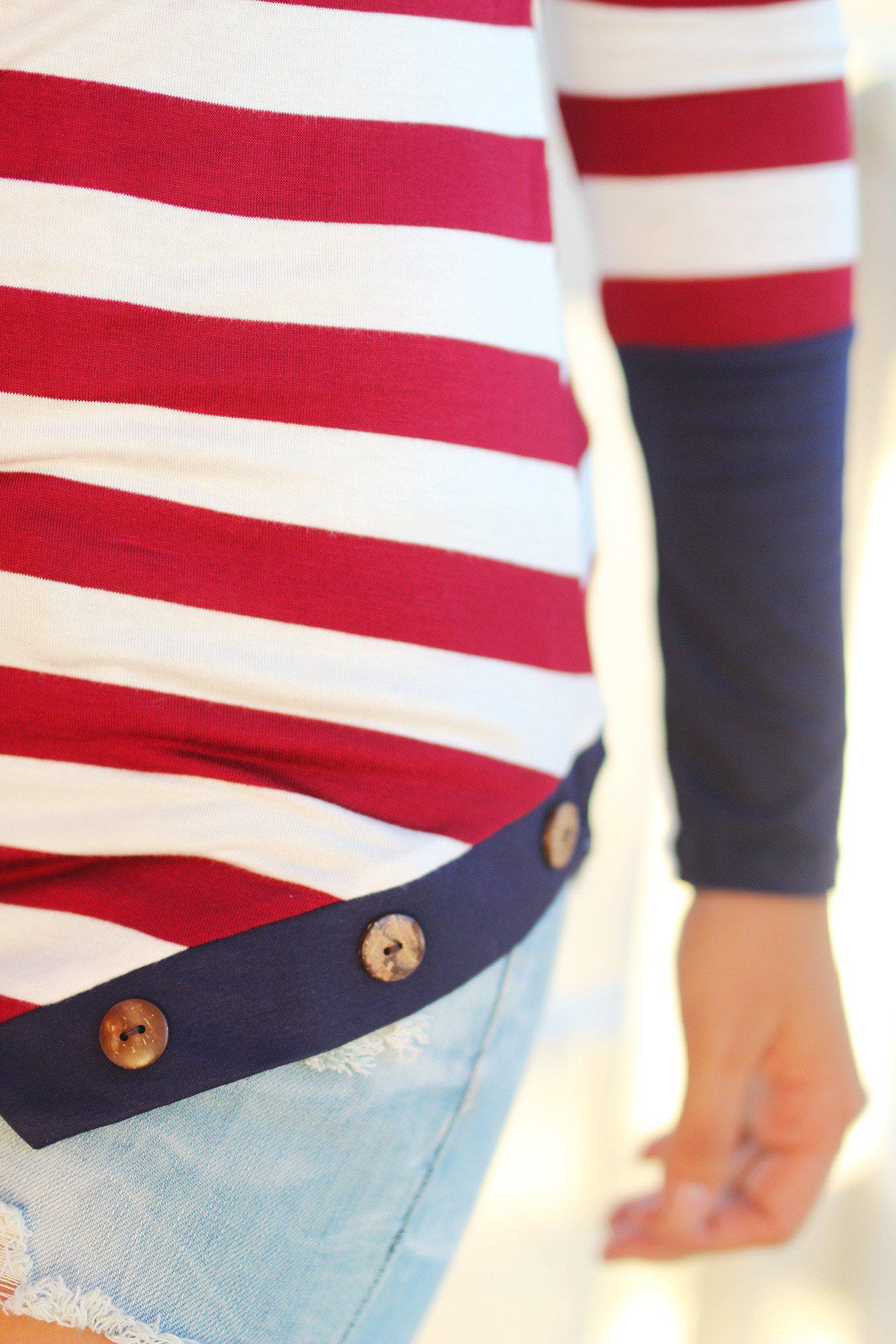 Stylish Burgundy Long Sleeve Buttoned Striped Women's Top