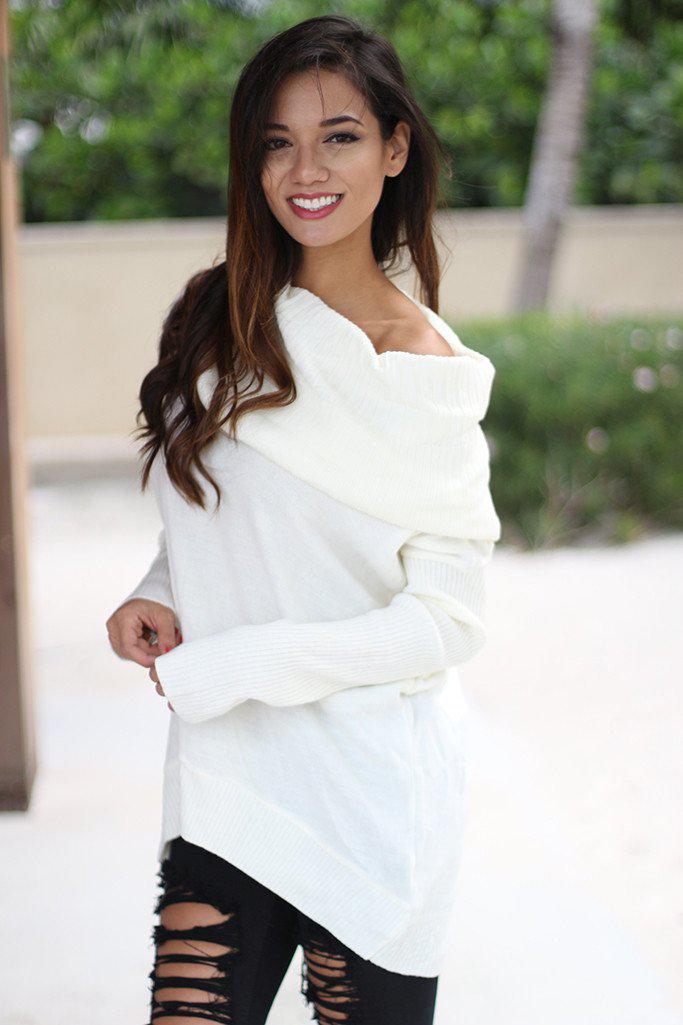 Gorgeous Ivory Acrylic Cowl Neck Long Sleeve Sweater for Women