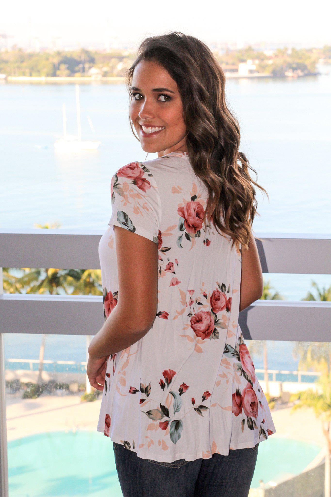 Charming Ivory Floral Lace-Up Women's Fashion Top