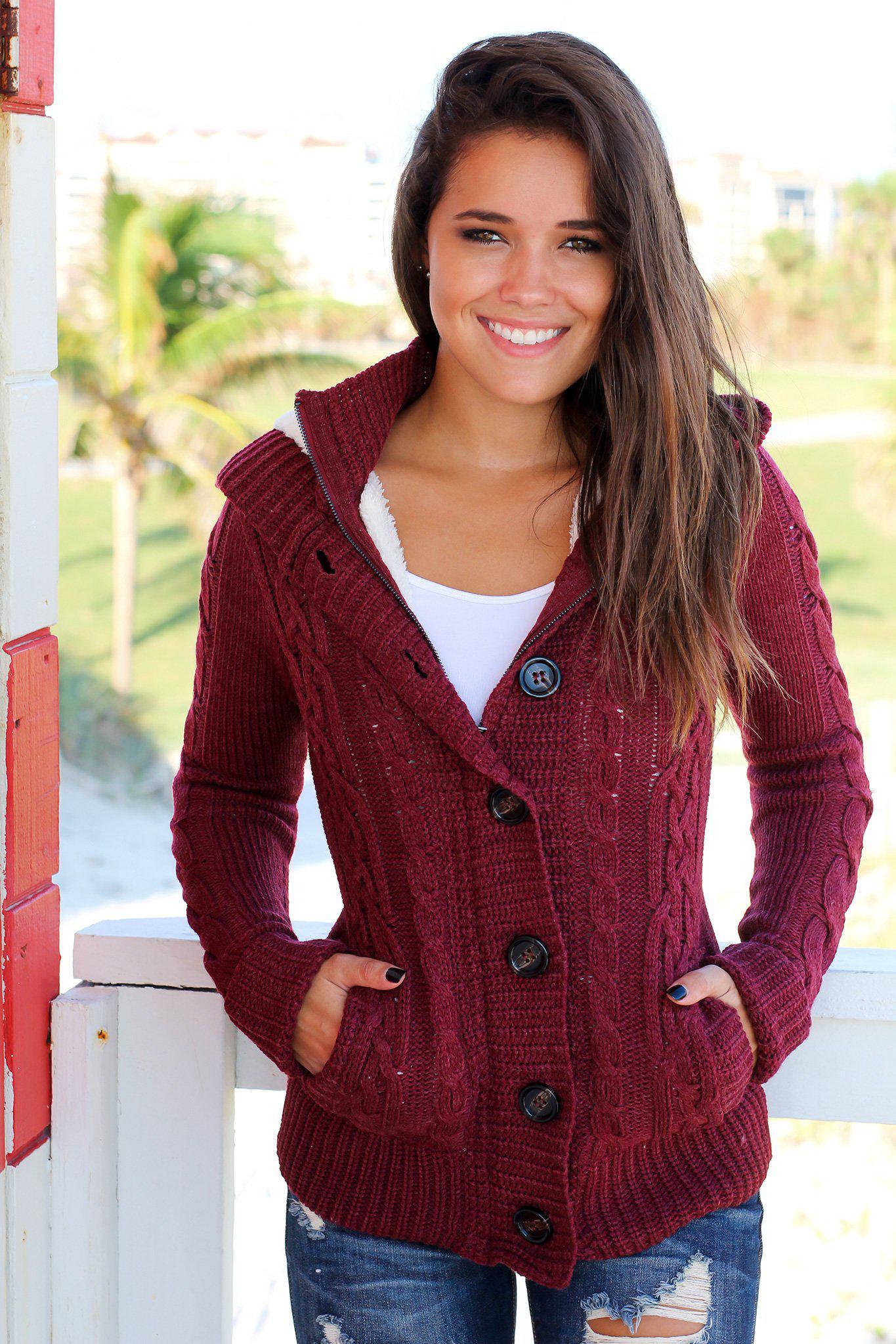 Stylish Burgundy Knitted Sweater Featuring a Faux Fur Hood for Fall and Winter