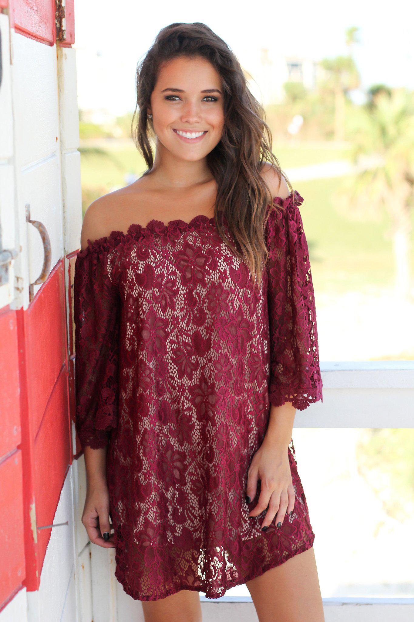 Charming Burgundy Lace Off - Shoulder Short Evening Dress for Special Occasions