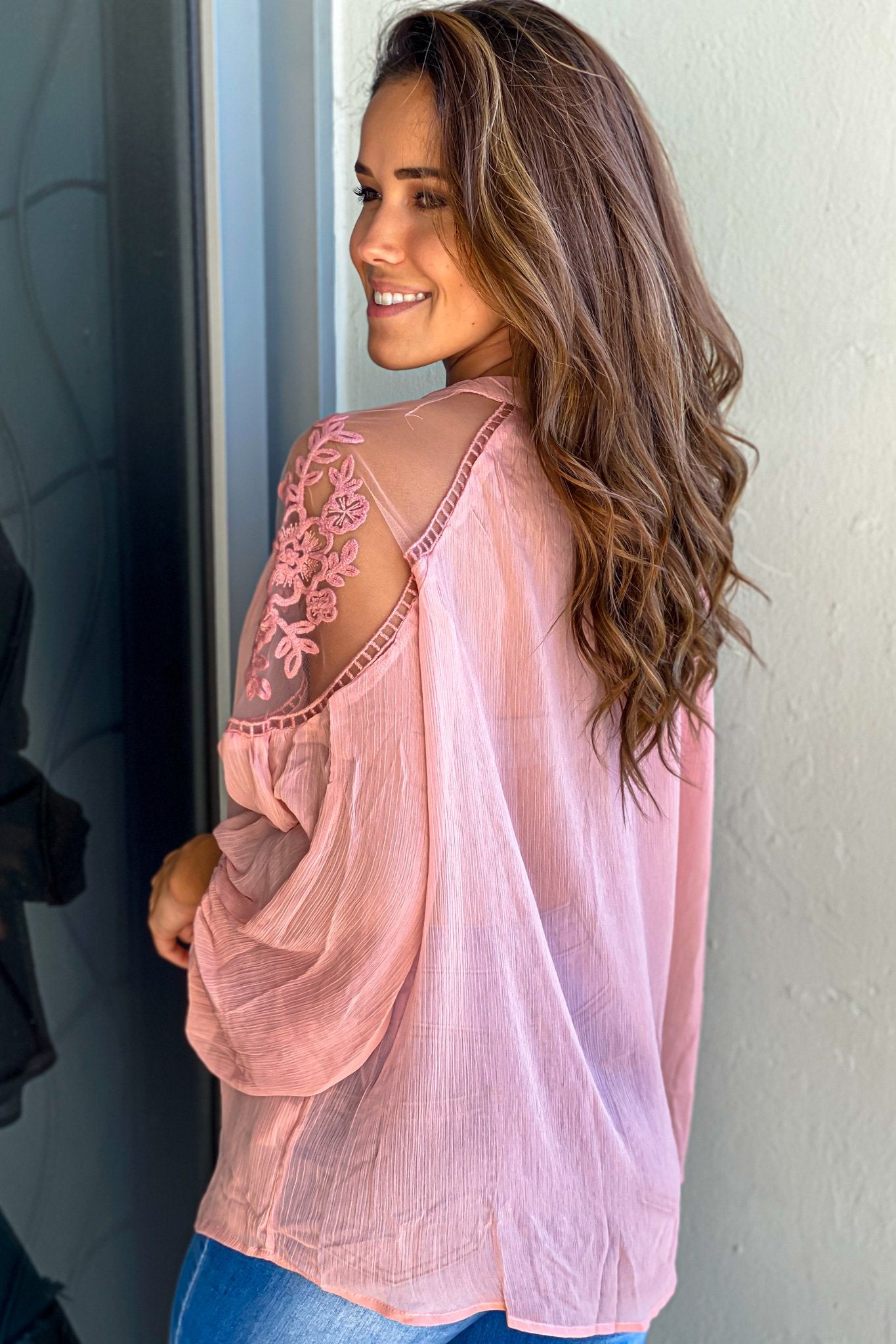 Fall-Friendly Blush Sheer Crochet Neck Long Sleeve Top