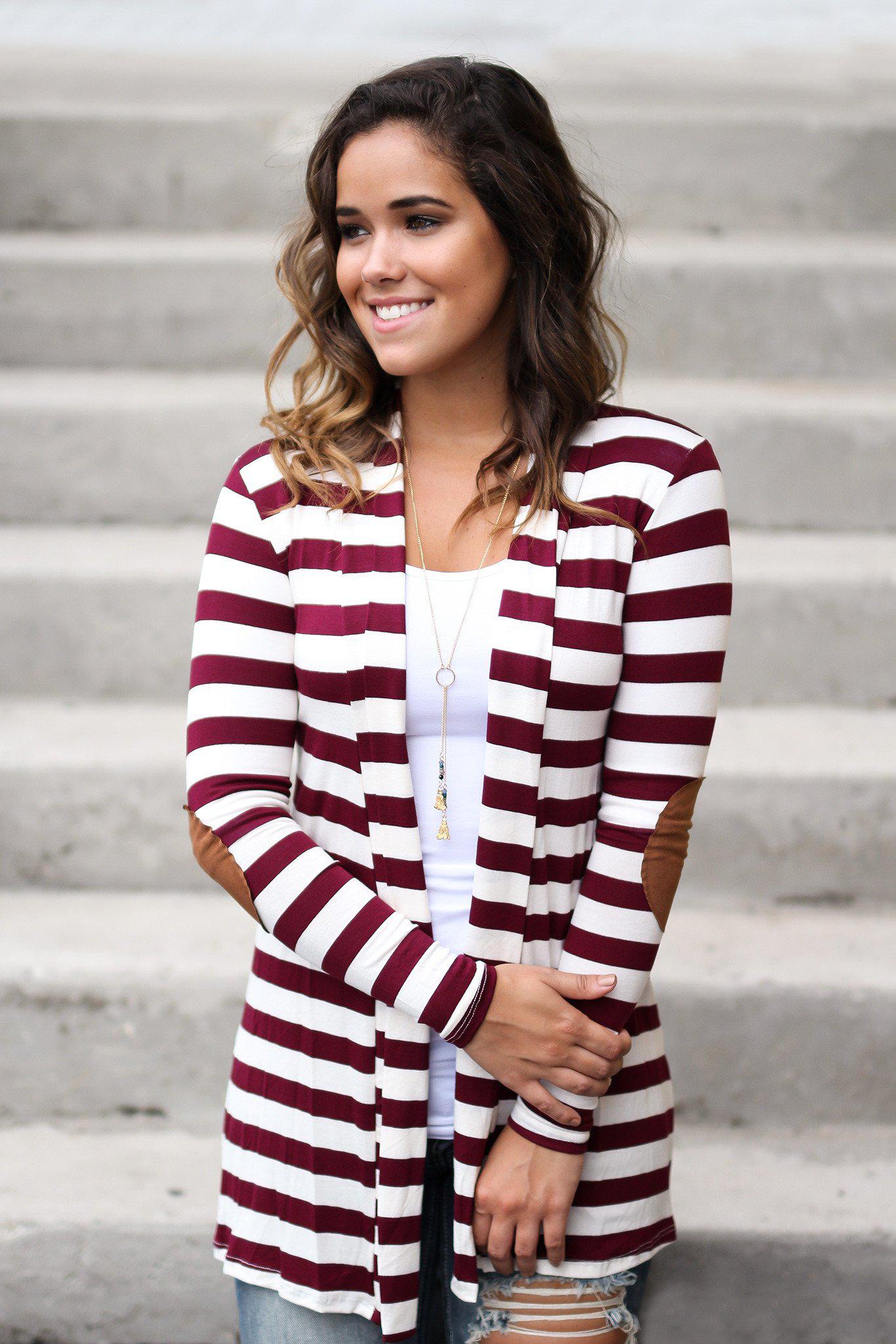 Stylish Fall Burgundy and White Striped Cardigan with Tan Elbow Patches