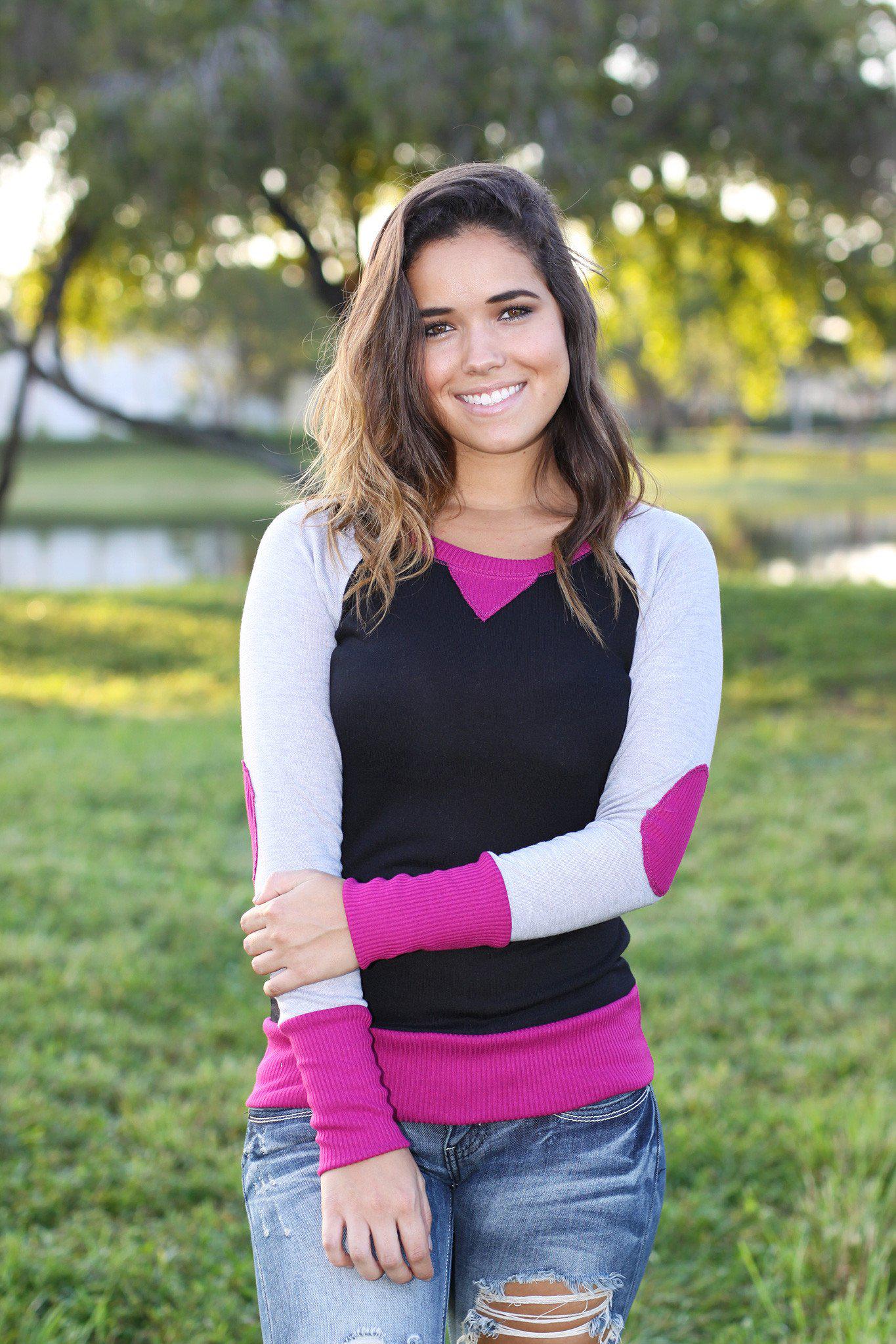 Adorable Magenta, Black, and Gray Top with Charming Elbow Patches