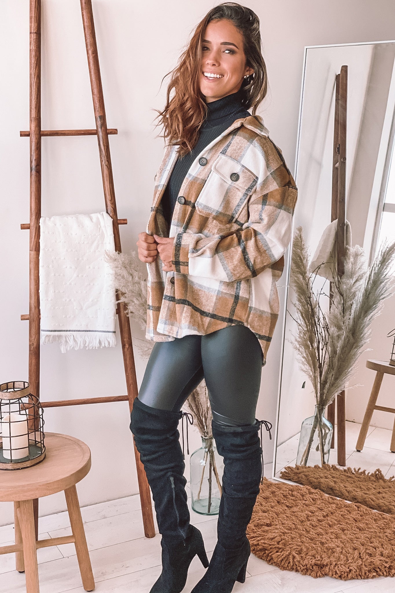 Stylish Brown Plaid Polyester Jacket for Winter and Spring