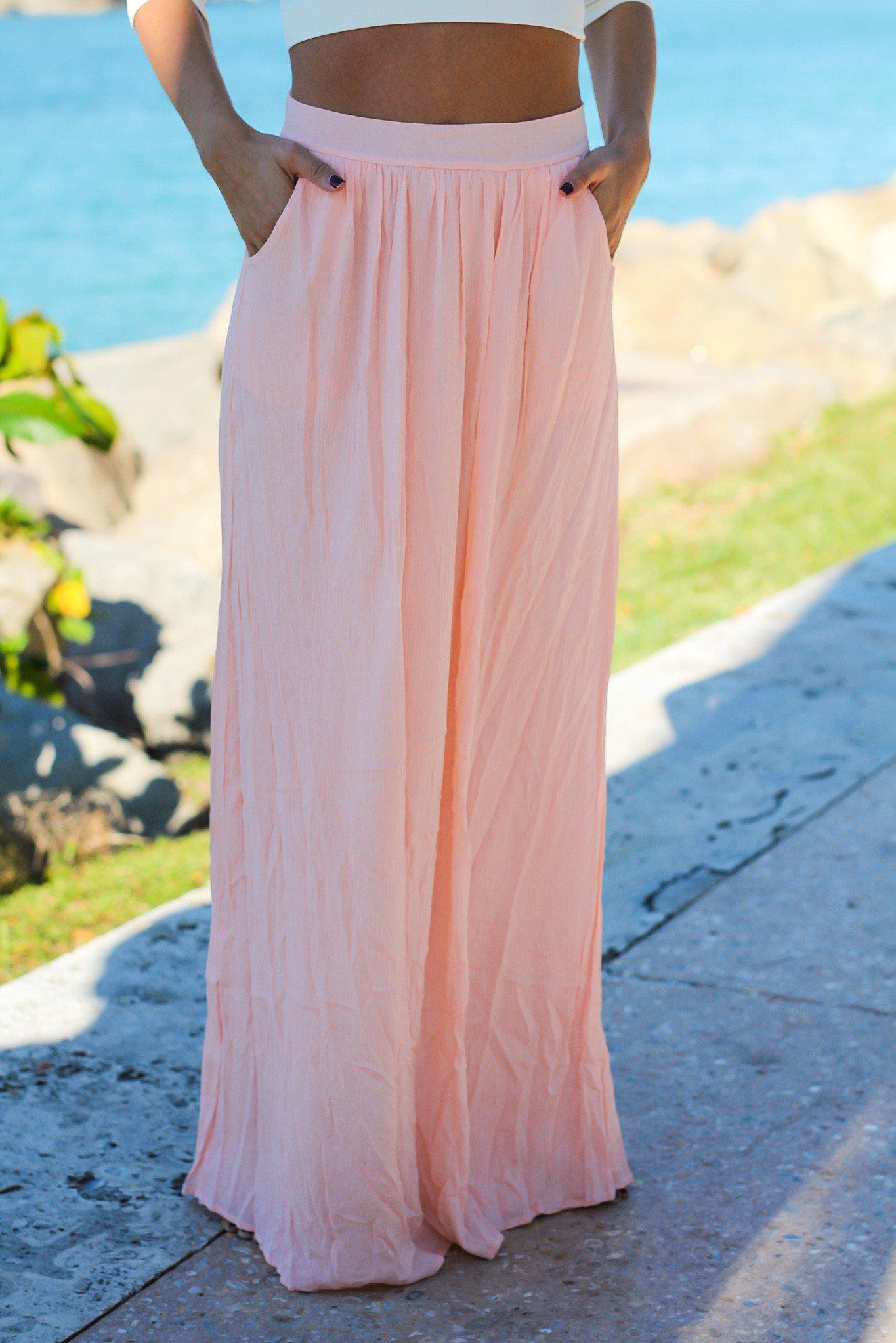 Adorable Light Pink Full-Length Maxi Skirt with Practical Pockets