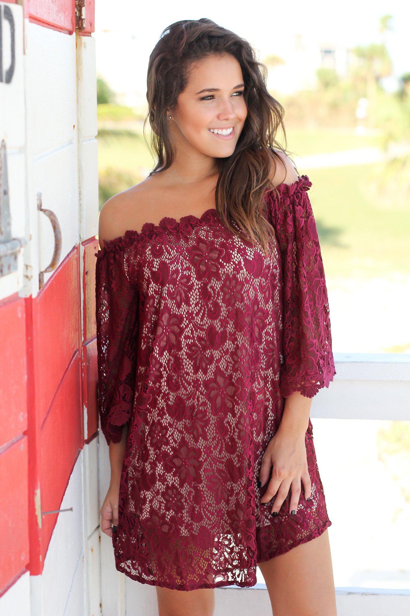 Charming Burgundy Lace Off - Shoulder Short Evening Dress for Special Occasions