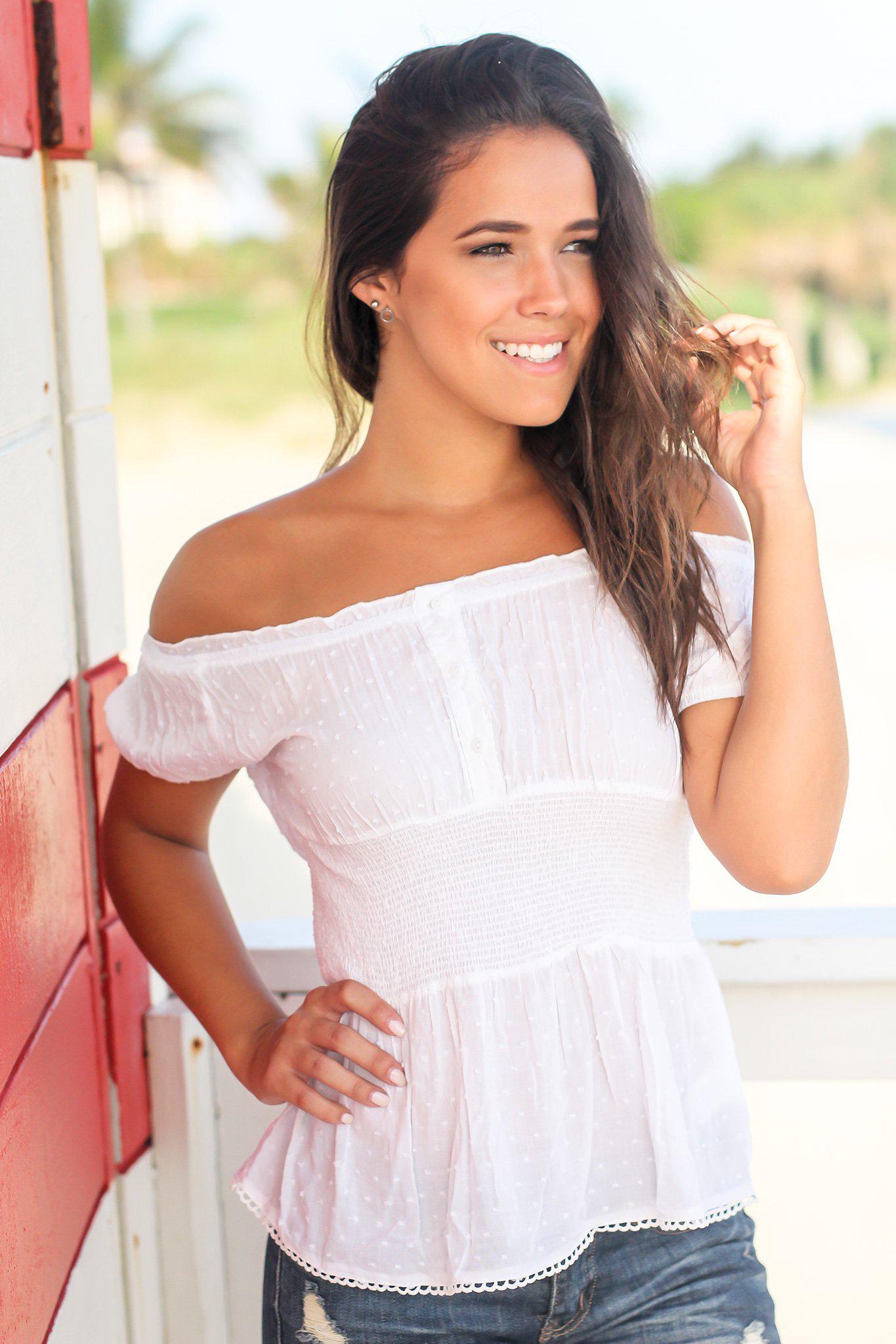 Charming Ivory Women's Off - Shoulder Crochet - Trimmed Rayon Top