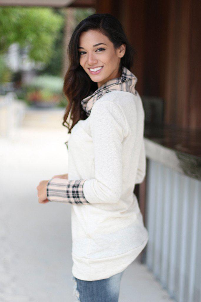 Charming Ivory and Taupe Plaid Cowl Neck Long - Sleeve Top