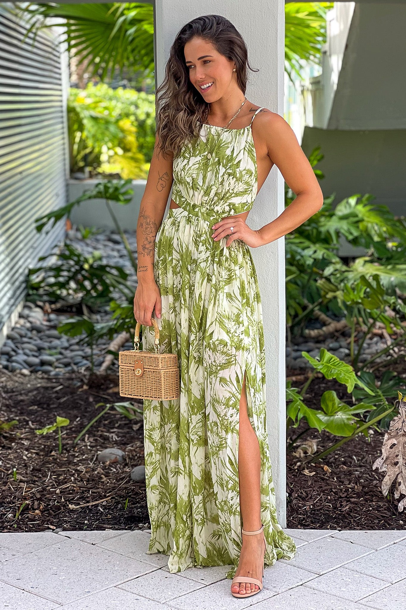 Stunning Lime-Colored Printed Maxi Dress with Side Slit for Women's Tropical Vacation