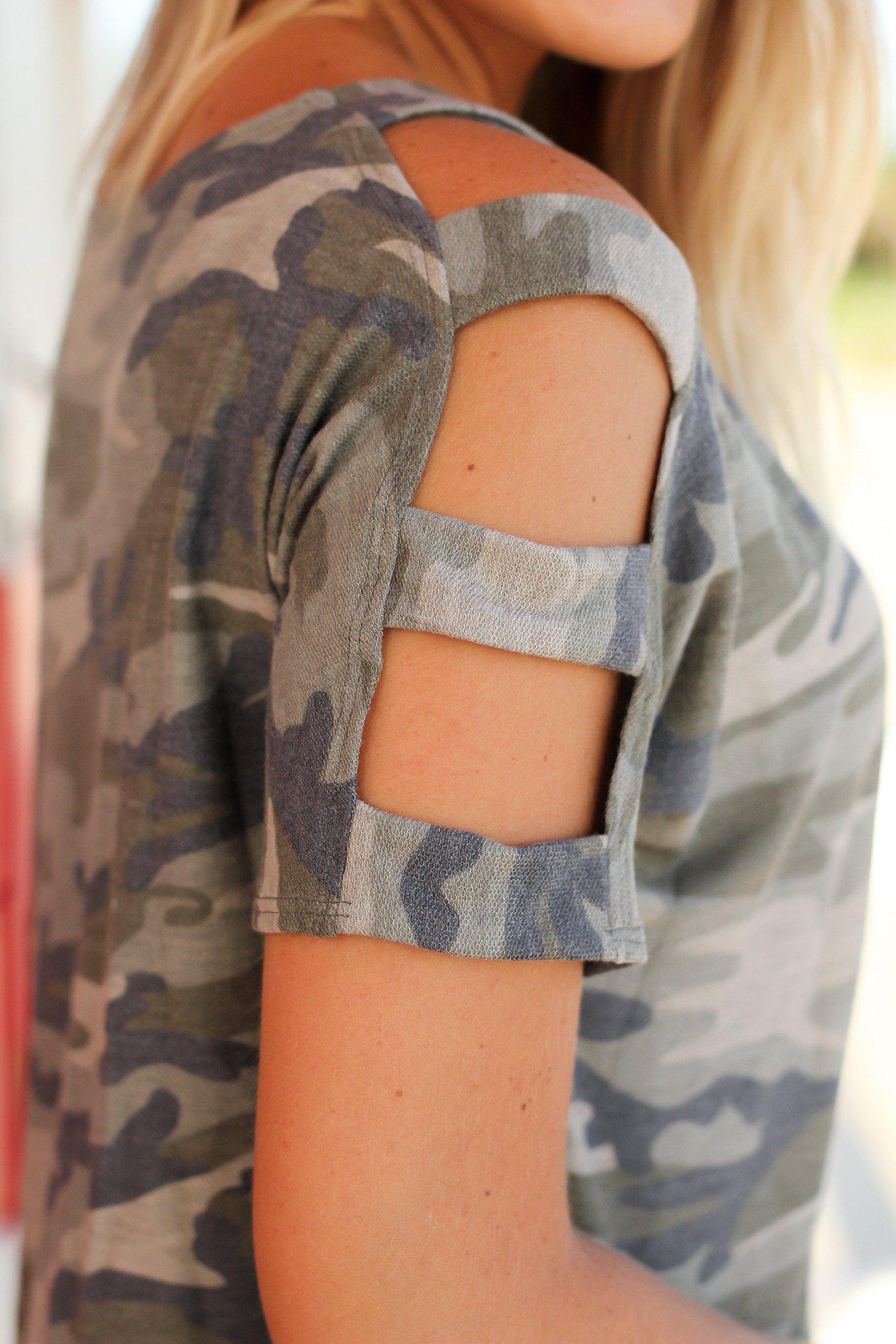 Stylish Camouflage Top with Trendy Strap Detail Sleeves