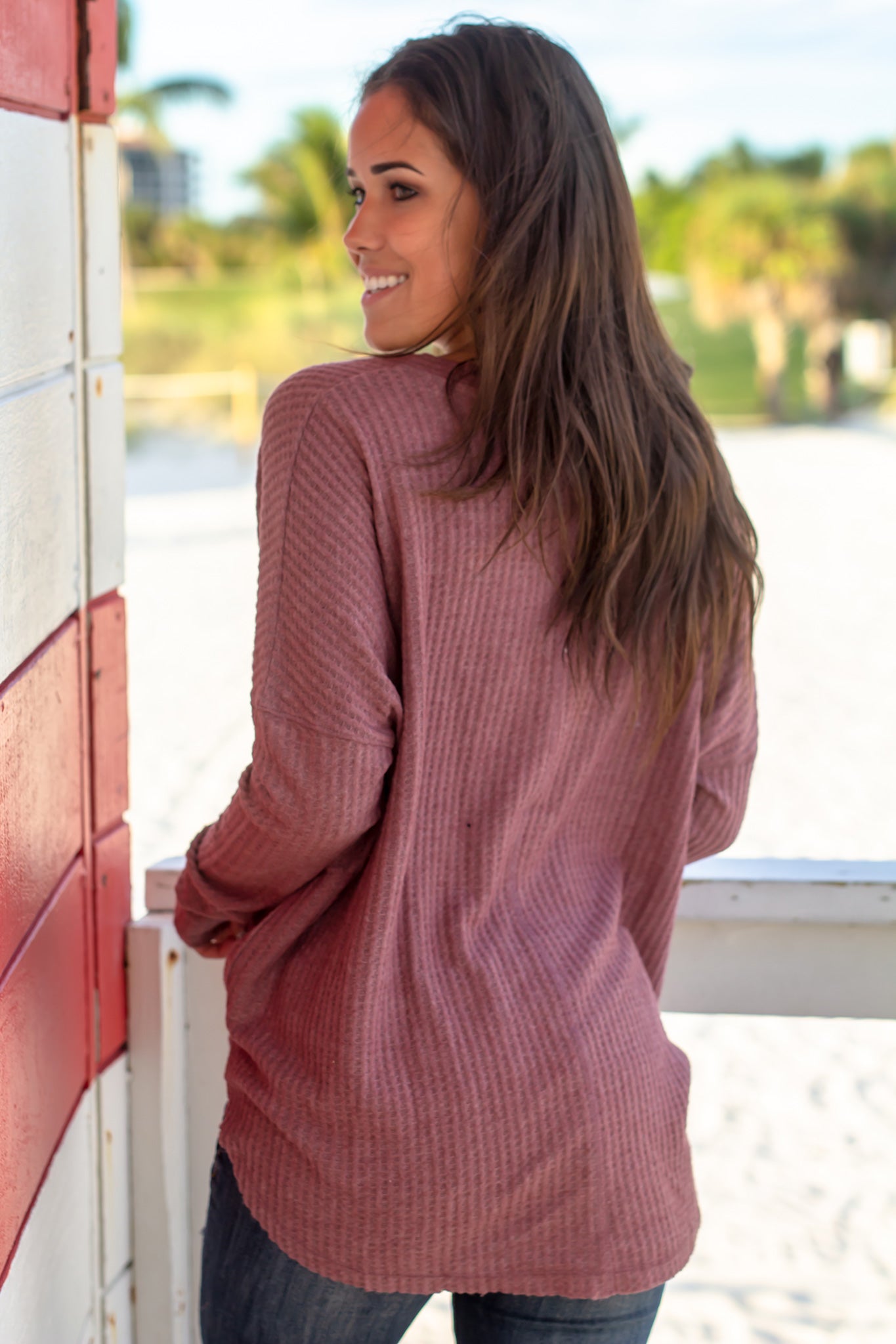 Fashionable Maroon Knit Oversized Button-Down Women's Top