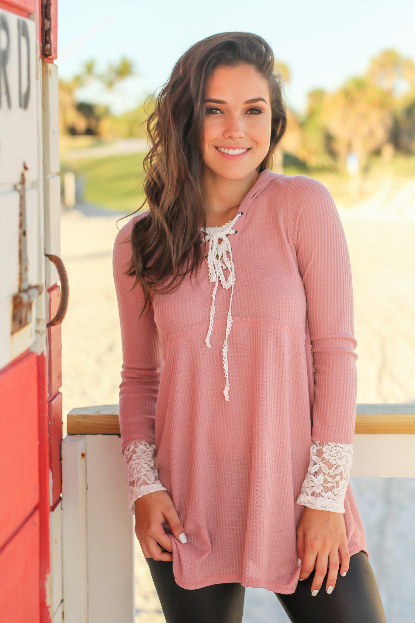 Adorable Mauve Knitted Hoodie Top with Lace Trim and Asymmetrical Hem