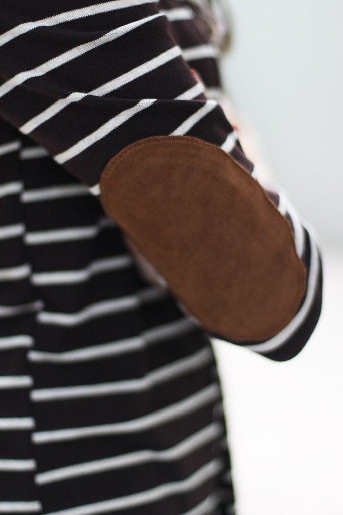 Stylish Brown Striped Cardigan Featuring Elbow Patches for Trendy Wear