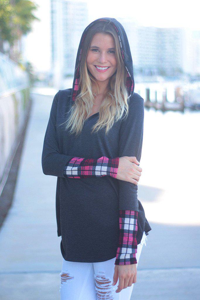 Stylish Charcoal and Plaid Patterned Hooded Women's Tunic for Fall and Winter