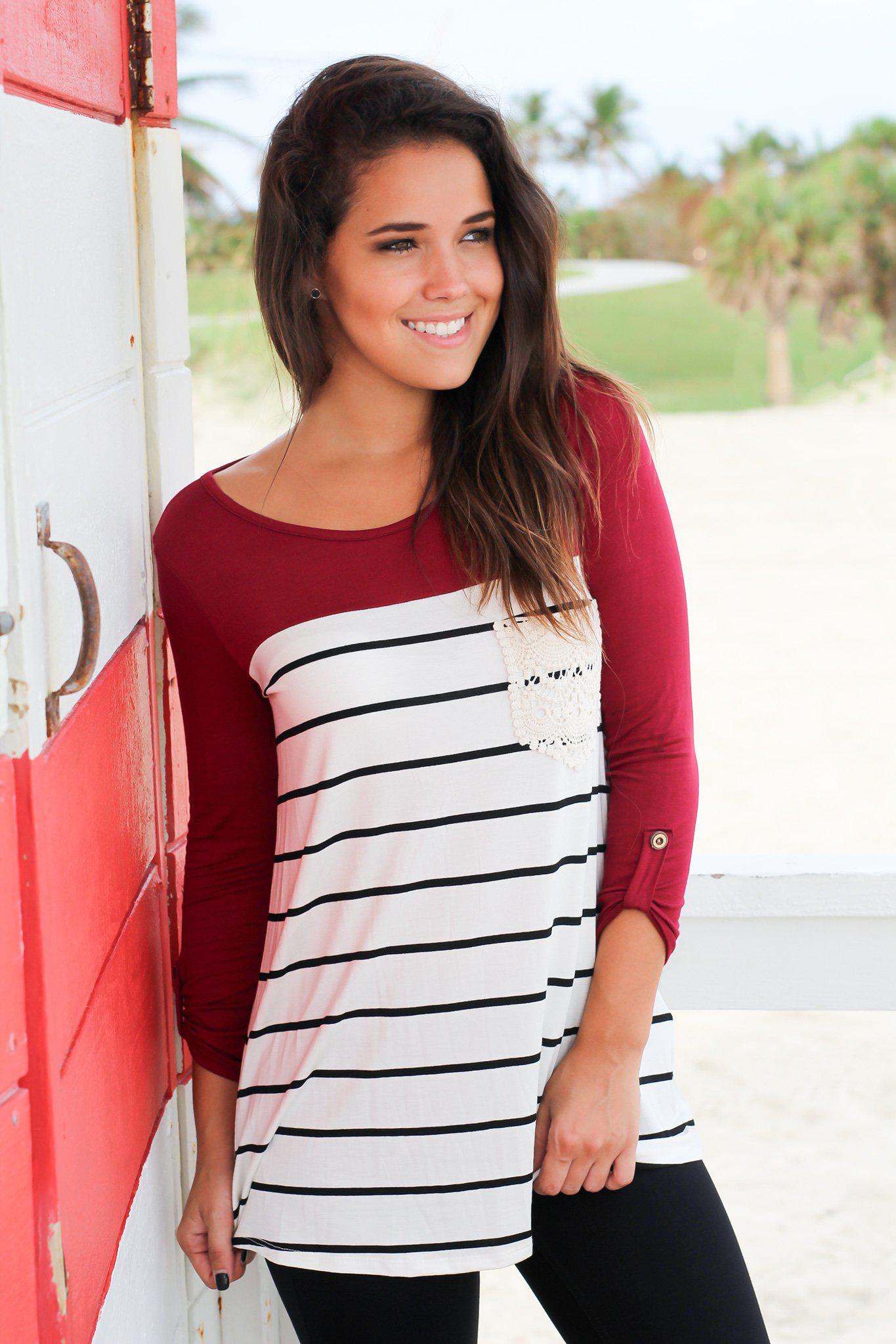 Stylish Women's Burgundy Striped Top Featuring a Crochet Pocket