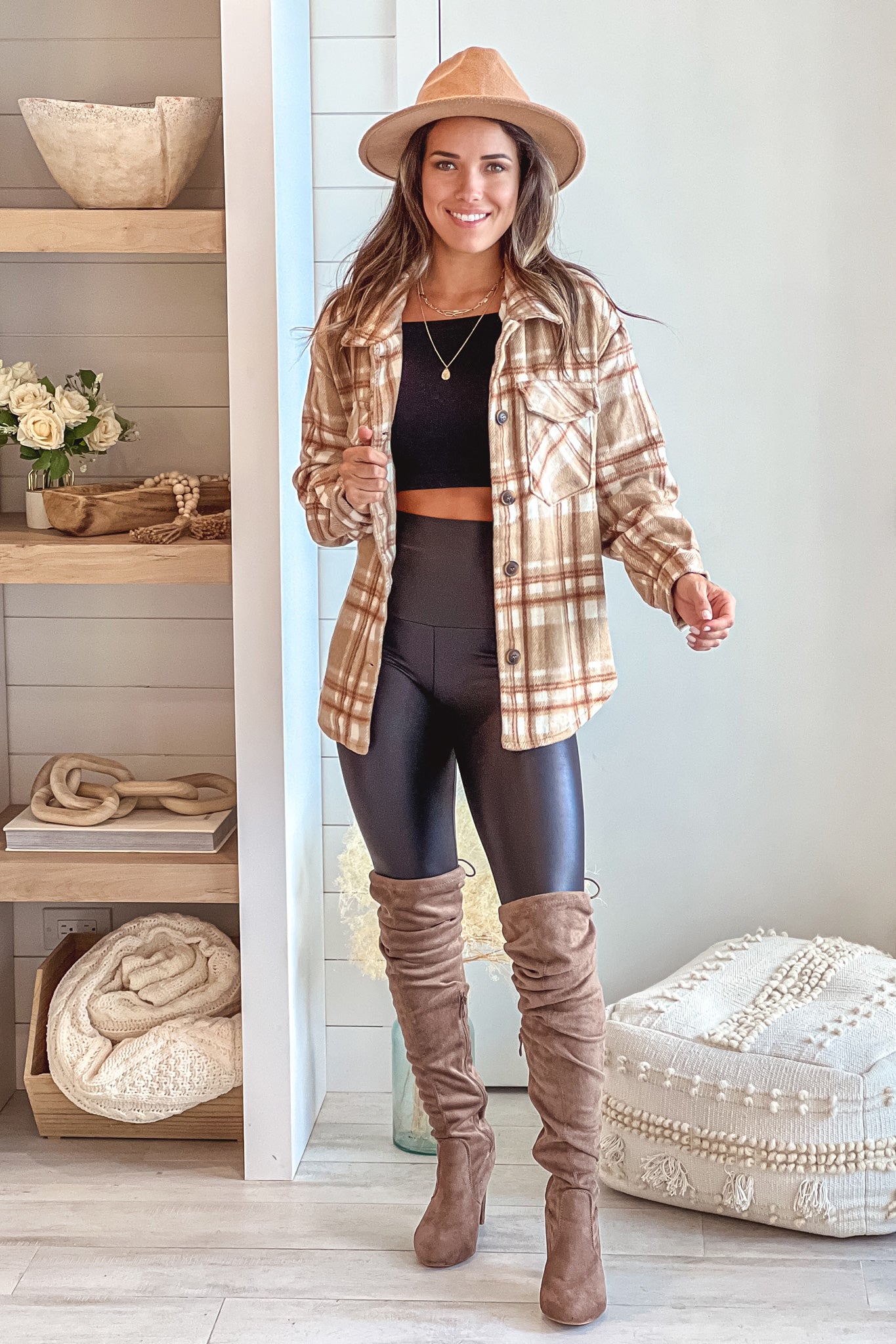 Adorable Camel-Colored Plaid Oversized Shacket for Winter