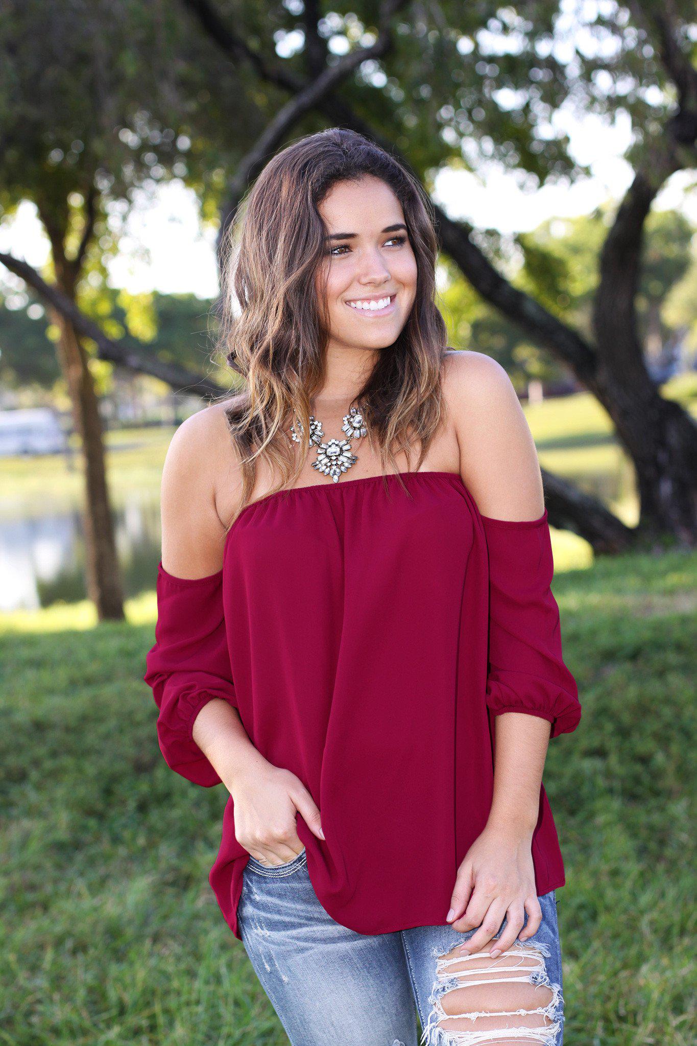 Stylish Burgundy Off - Shoulder Lightweight Polyester Top