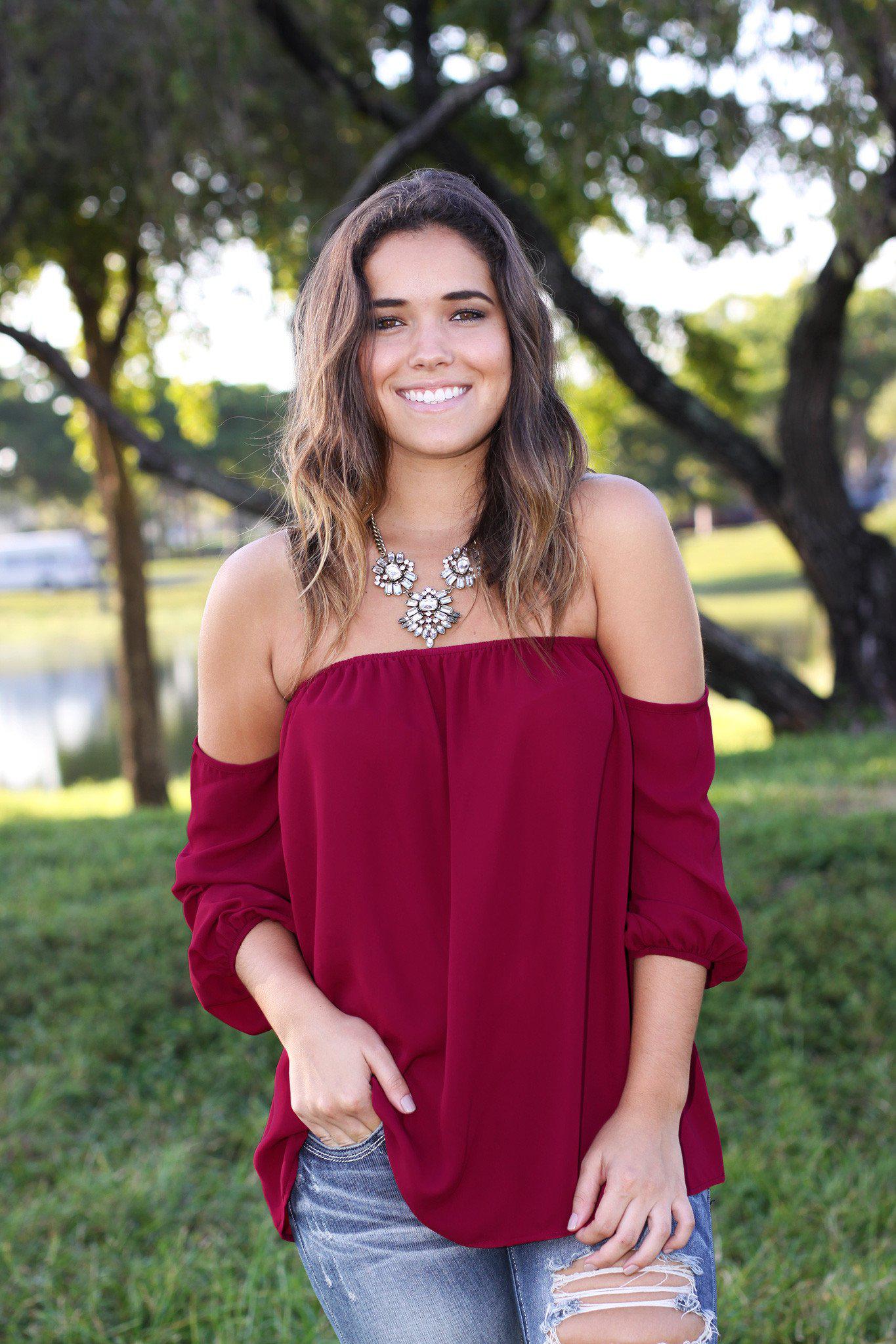 Stylish Burgundy Off - Shoulder Lightweight Polyester Top