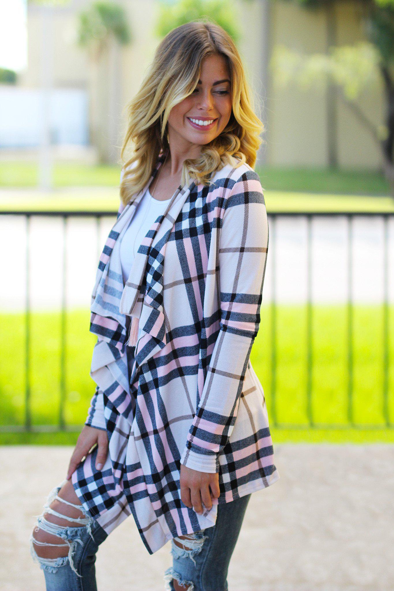 Soft and Lightweight Blush Beige Black White Taupe Plaid Open Cardigan