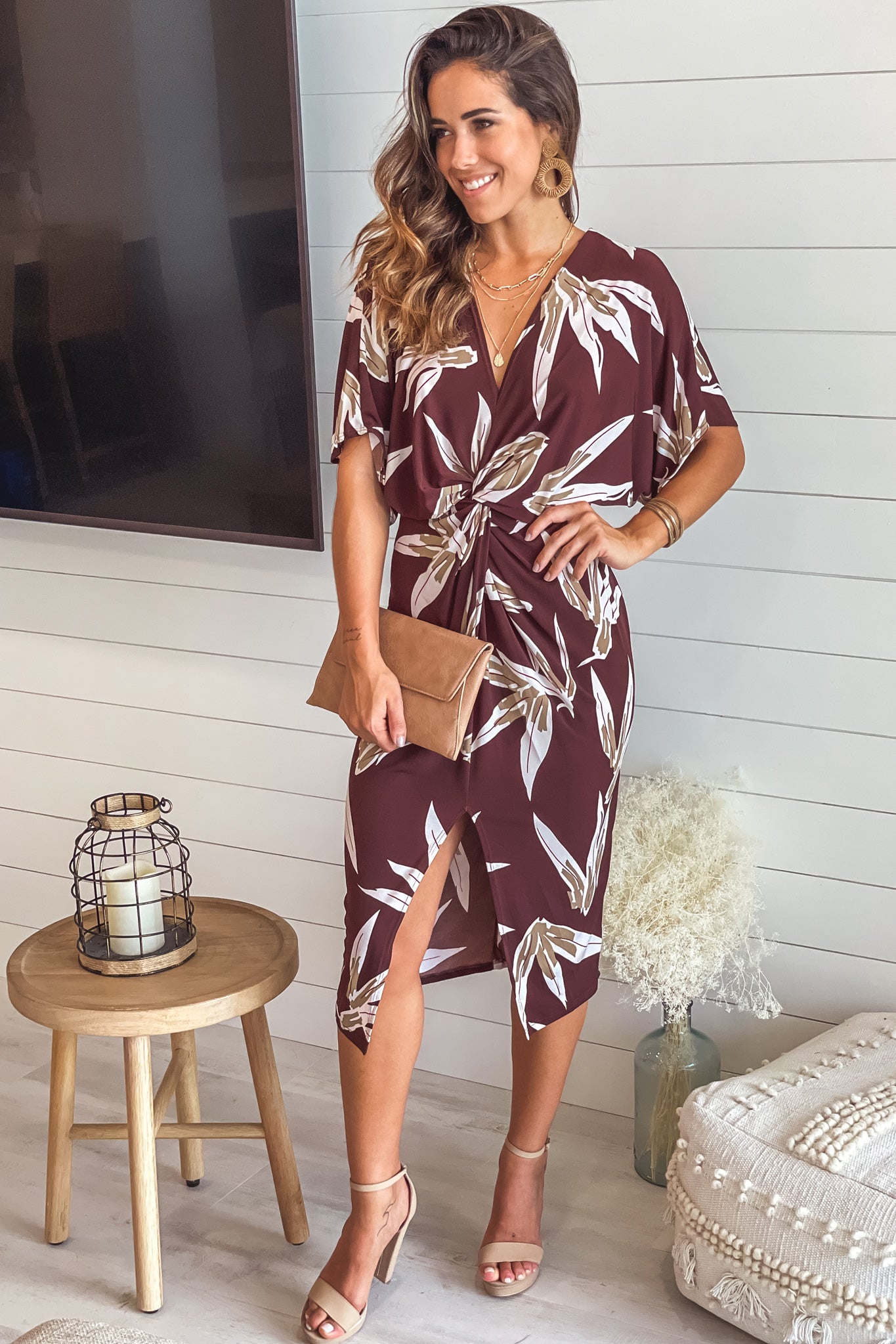 Stylish Brown Floral Printed Midi Dress with Front Knot Design