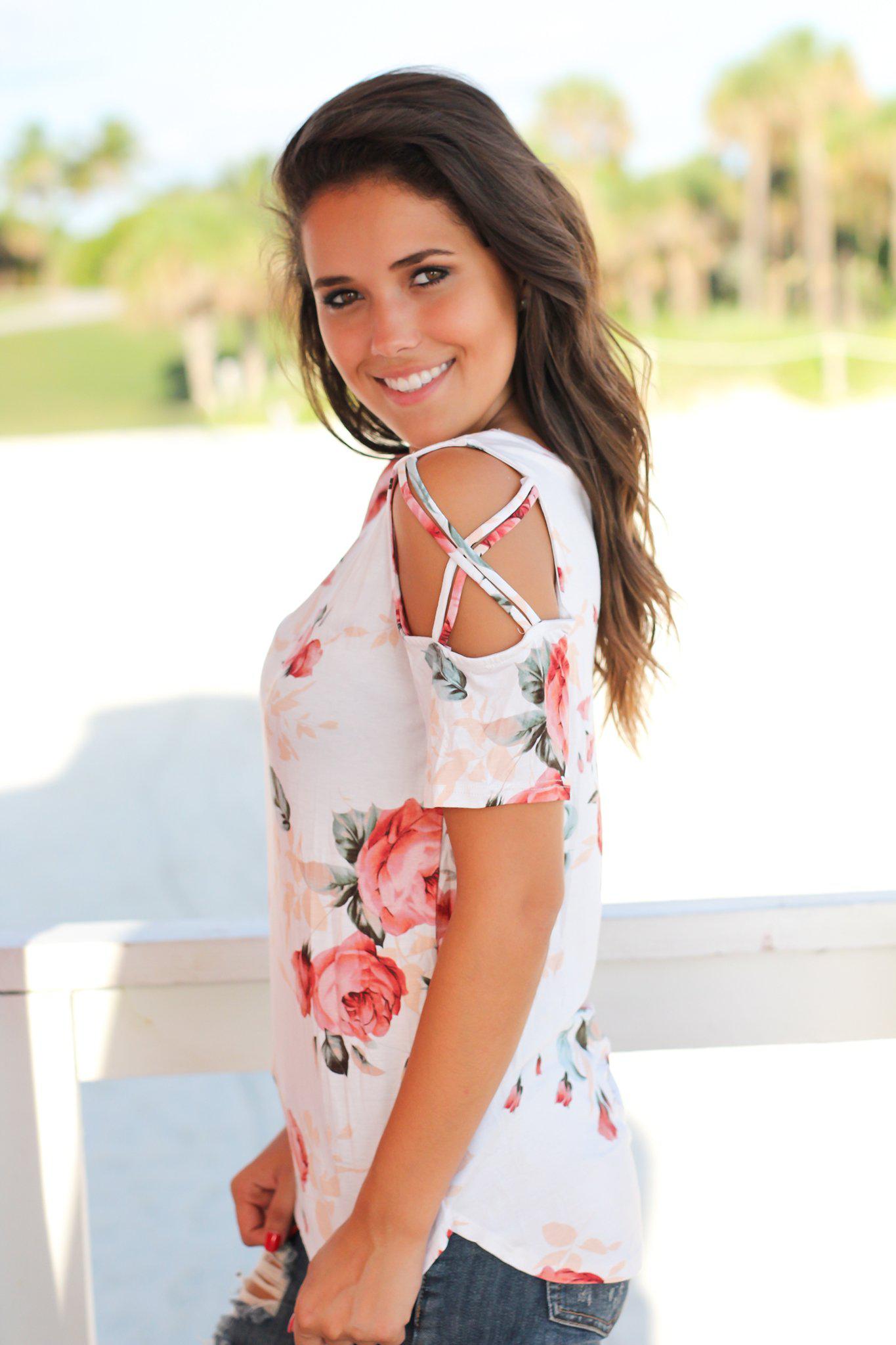 Stylish Ivory Floral Top with Fashionable Cut-Out Sleeves