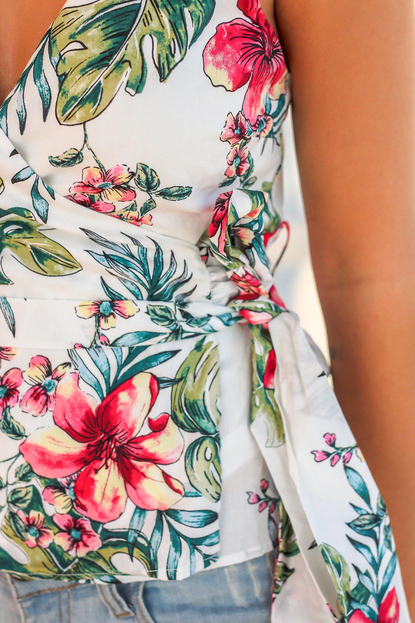 Chic Ivory Tropical Print Wrap Top for Stylish Summer