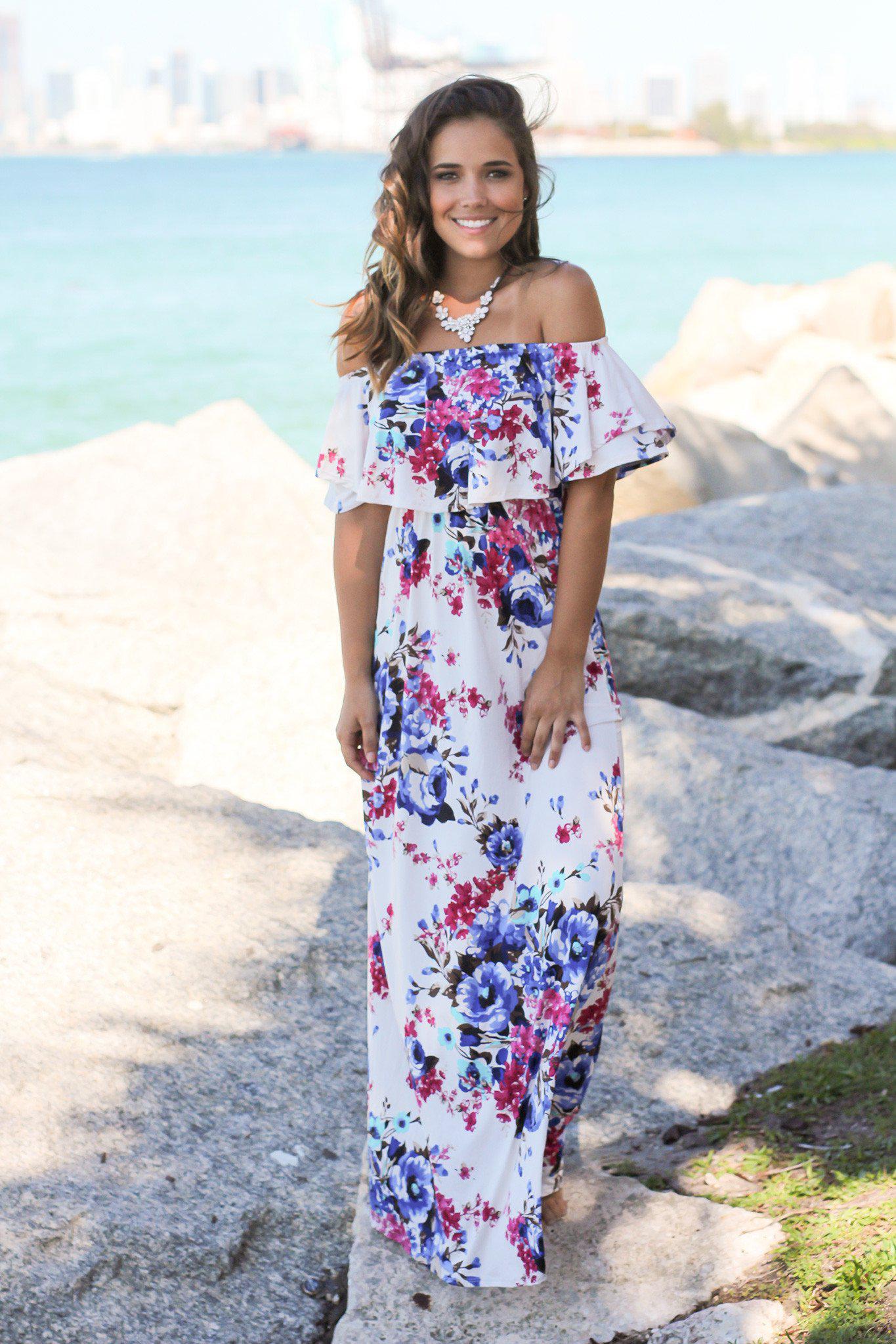 Charming Ivory Floral Off - Shoulder Maxi Dress for Spring and Summer