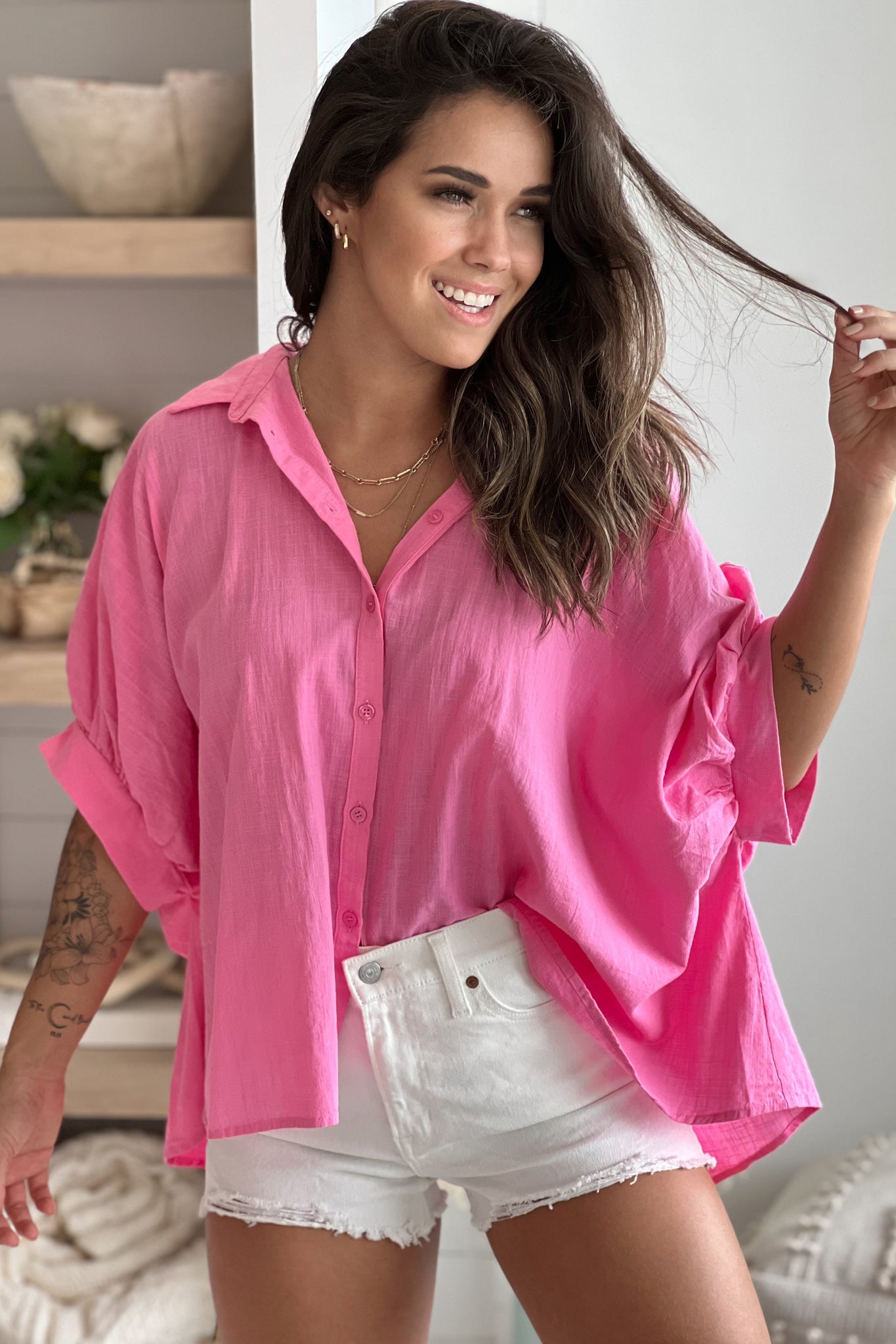 Stylish Bubble Gum Colored Oversized Cotton Button - Down Shirt