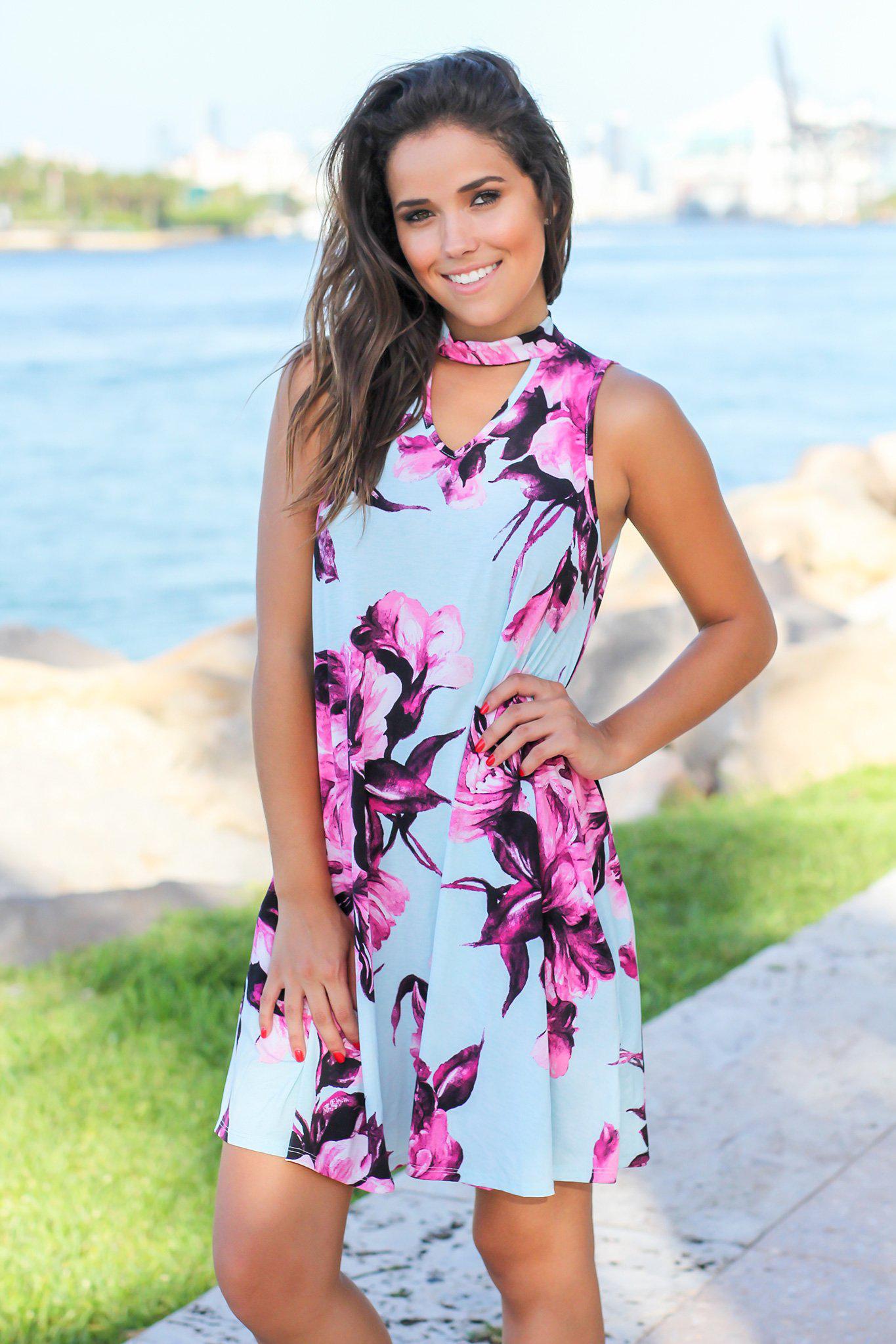 Charming Light Blue Floral Mock Neck Sleeveless Short Dress