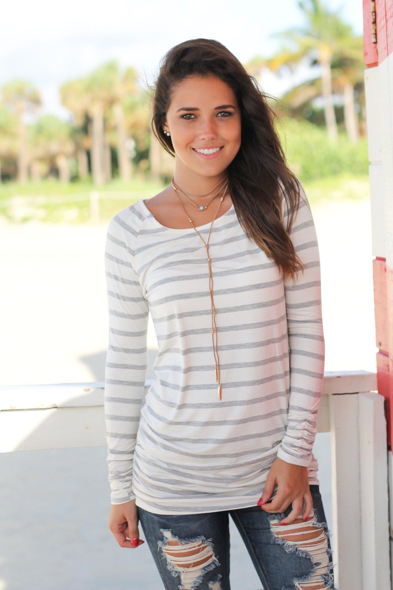 Stylish Charcoal and White Striped Ruched Modal-Spandex Tunic Top