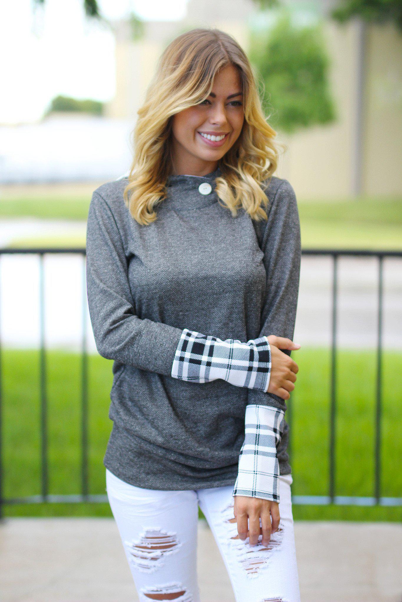 Stylish Charcoal Plaid Hooded Tunic for Fall and Winter