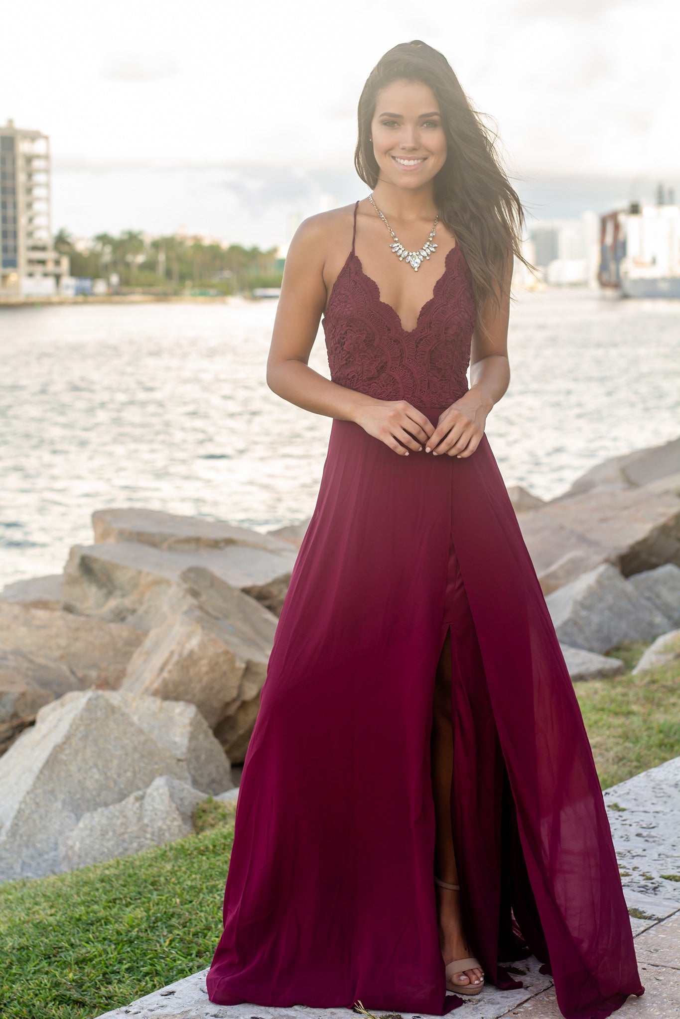Elegant Burgundy Sleeveless Crochet Top Maxi Dress with Criss Cross Back