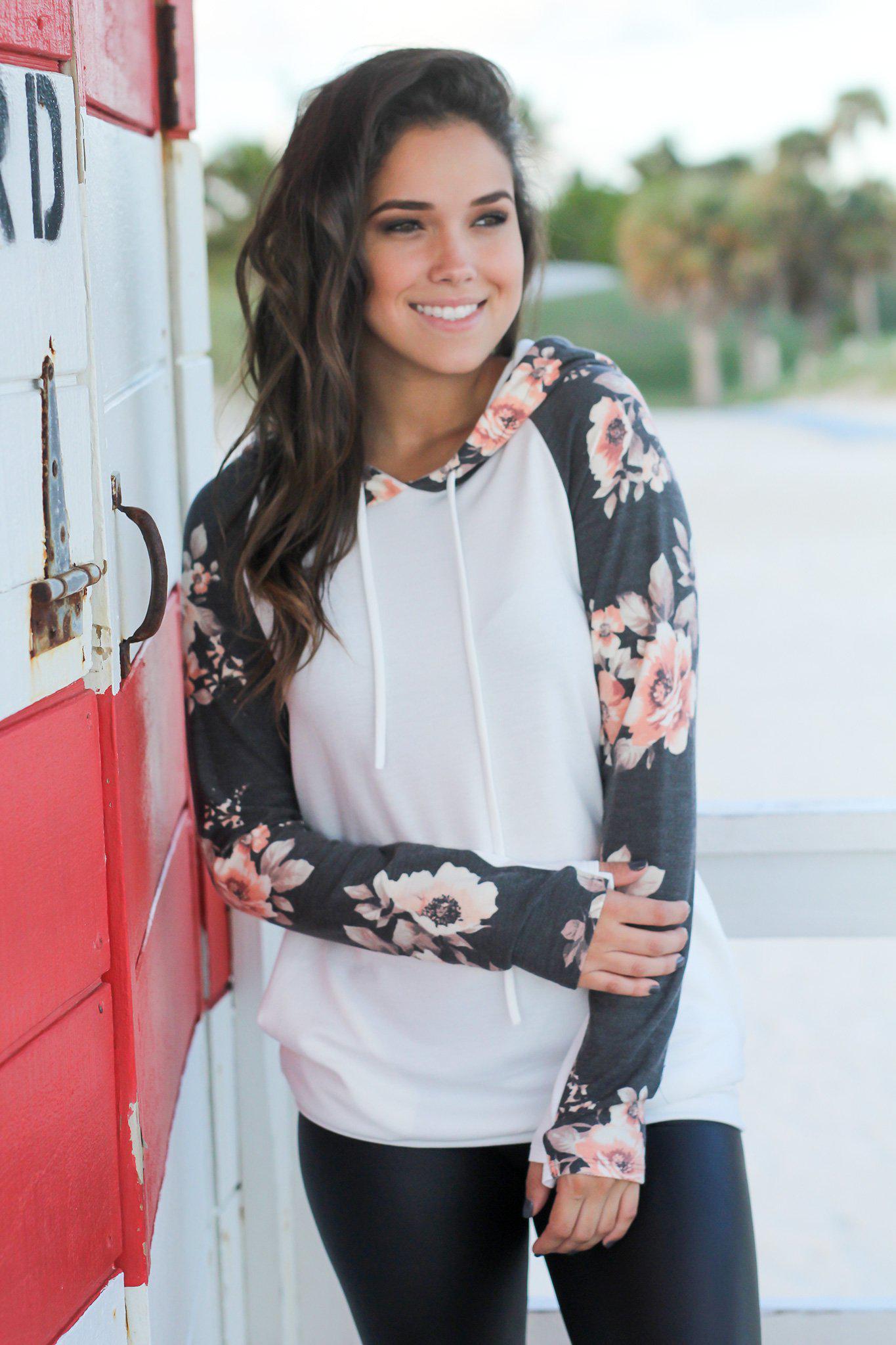 Stylish Ivory Hoodie with Beautiful Floral Long Sleeves