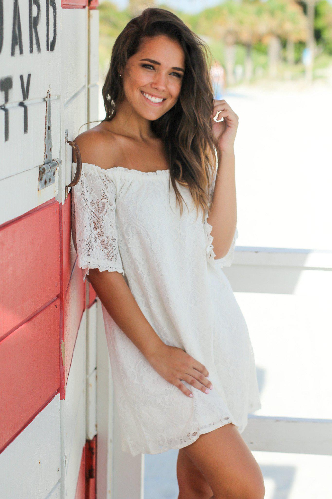 Adorable Ivory Off-Shoulder Short Lace Dress for Summer