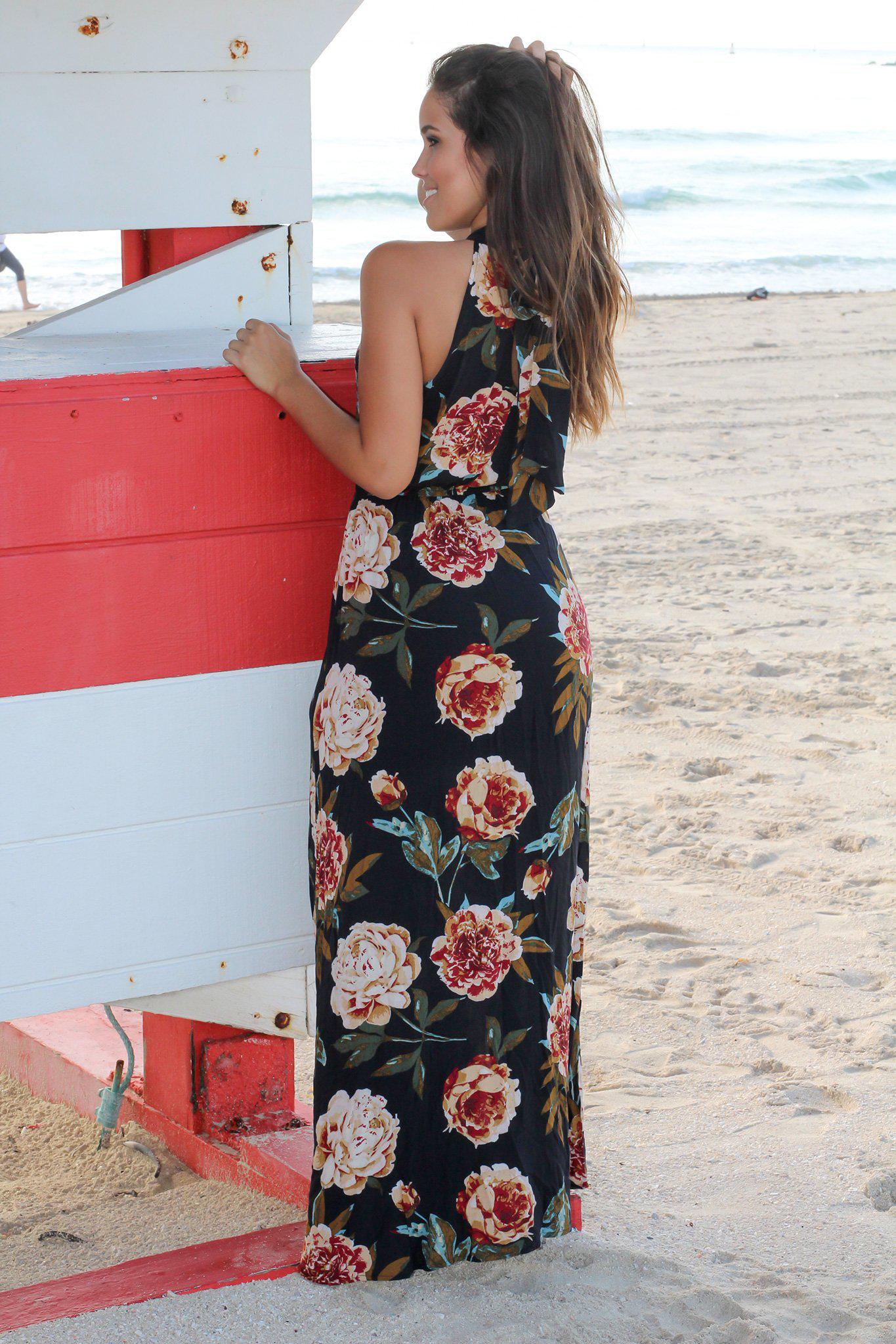 Stylish Charcoal Floral Halter Neck Long Maxi Dress for Special Occasions