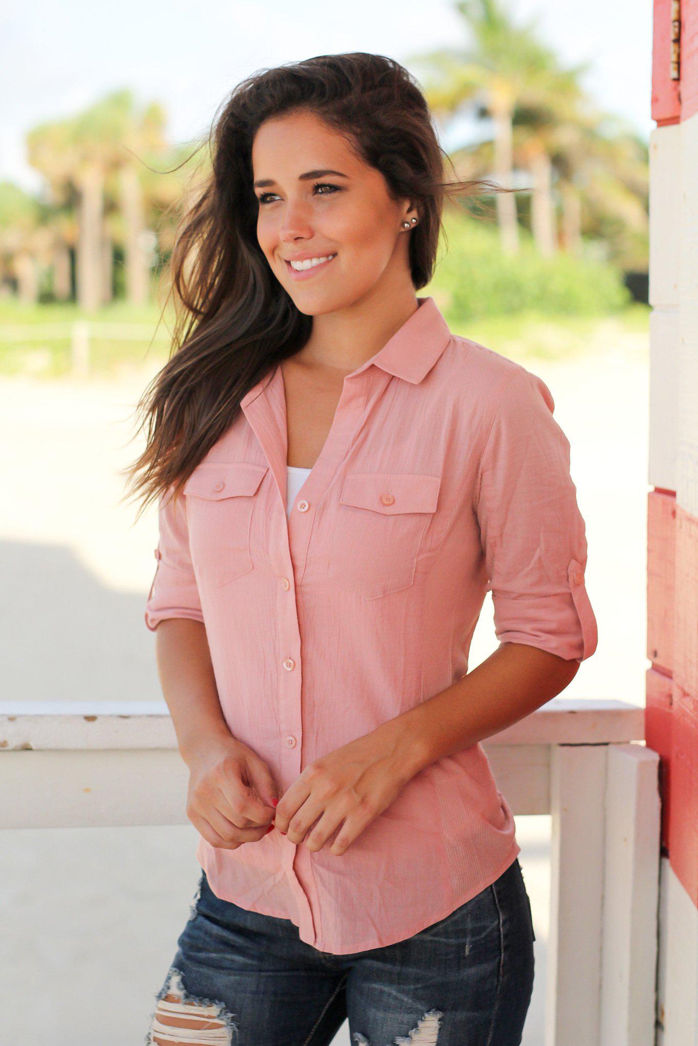 Charming Mauve Cotton Button Down Women's Top