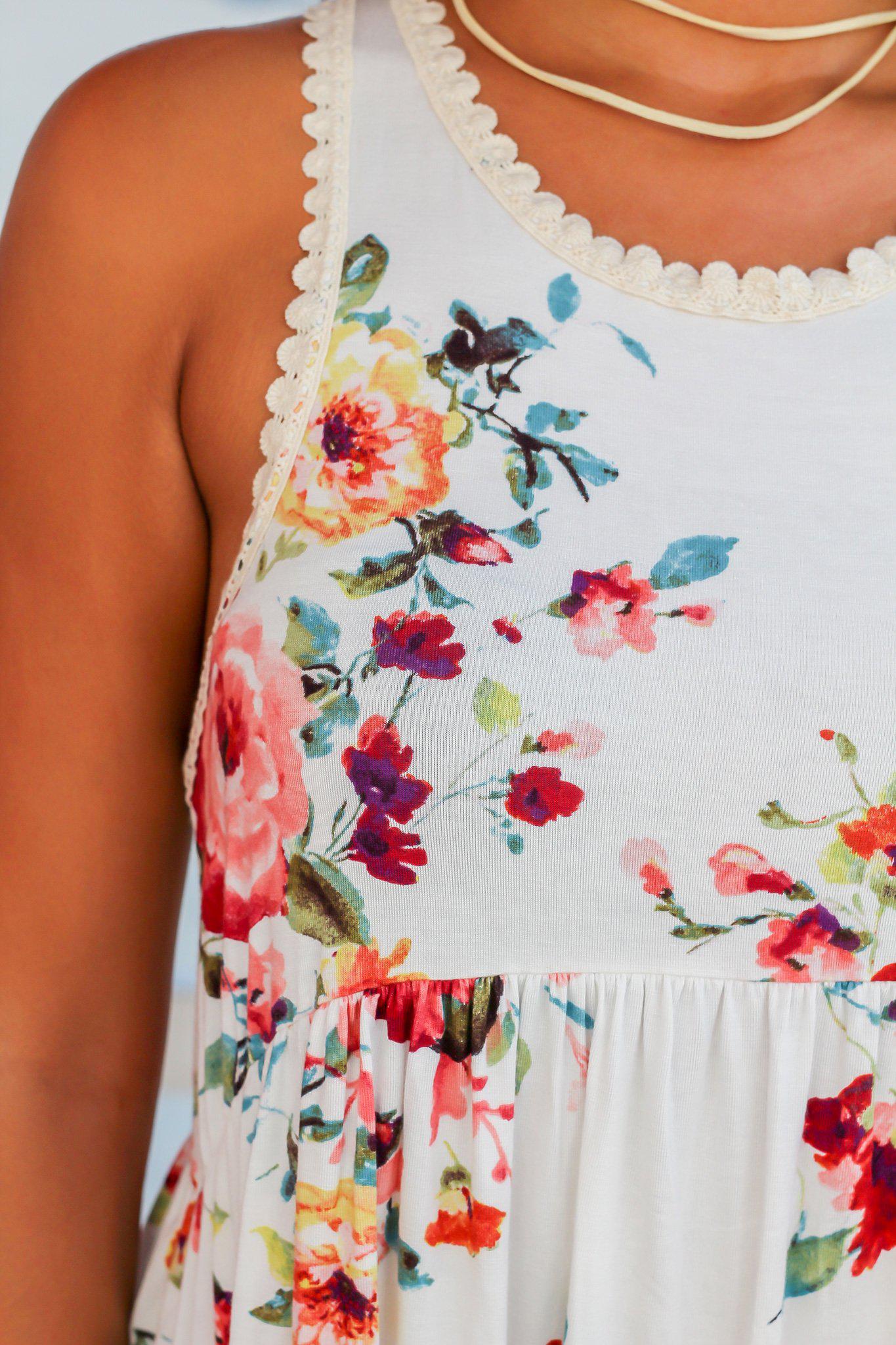 Ivory Floral Sleeveless Racerback Women's Top with Crochet Ornament
