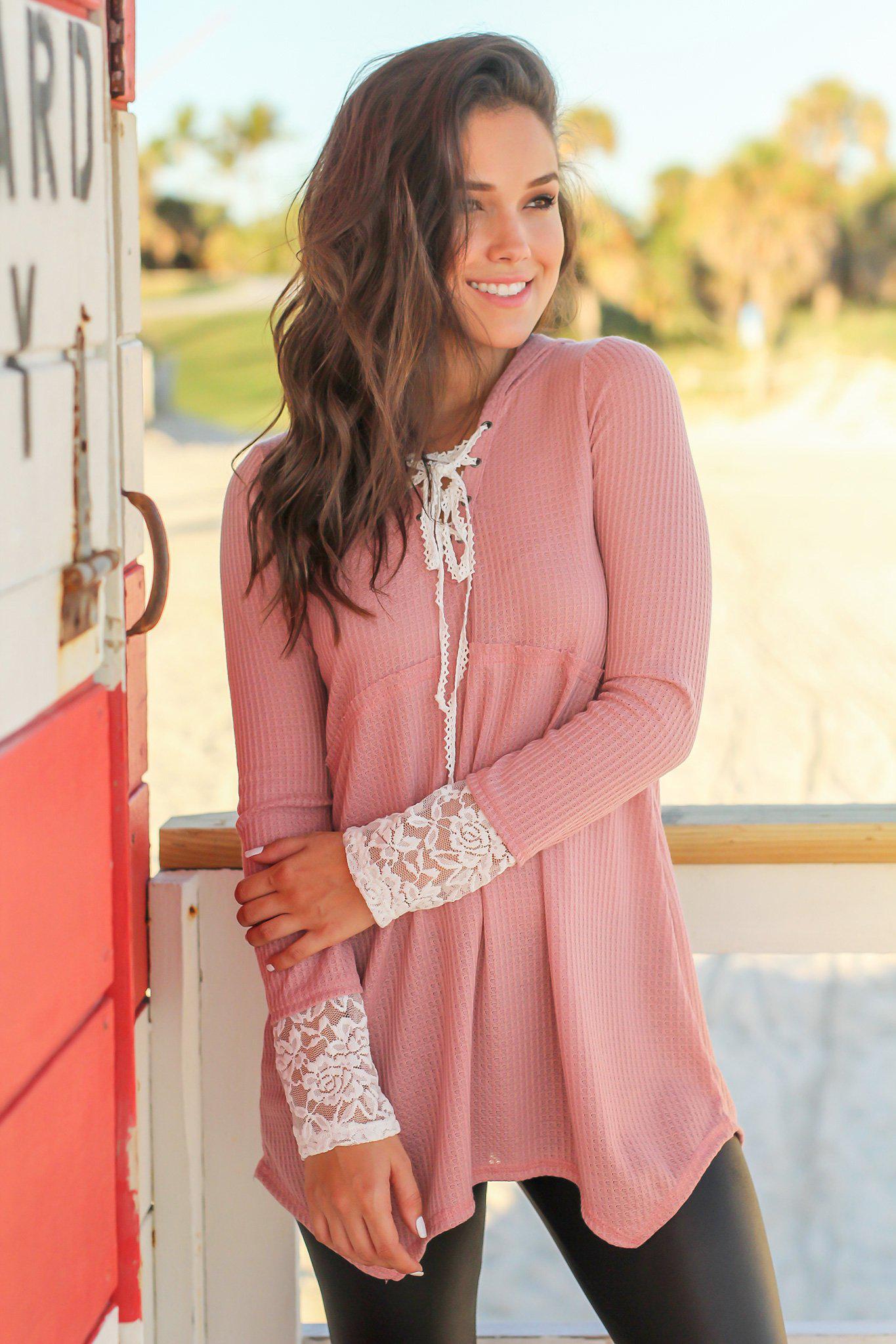 Adorable Mauve Knitted Hoodie Top with Lace Trim and Asymmetrical Hem